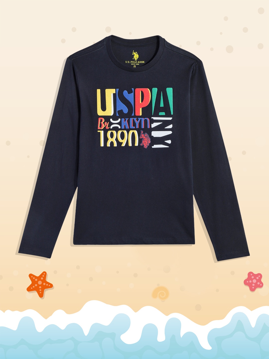 

U.S. Polo Assn. Kids Boys Navy Blue Brand Logo Print Round Neck Pure Cotton T-shirt