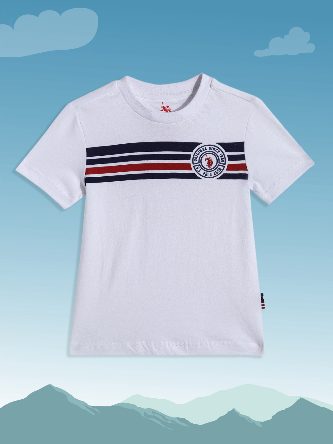 

U.S. Polo Assn. Kids Boys White & Navy Blue Striped Pure Cotton T-shirt