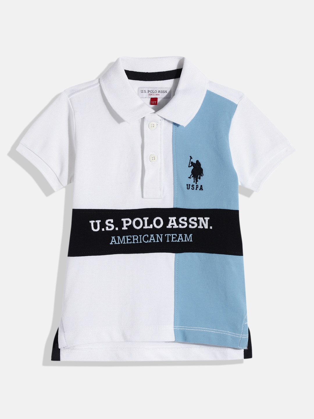 

U.S. Polo Assn. Kids Boys White & Blue Colourblocked Pure Cotton T-shirt