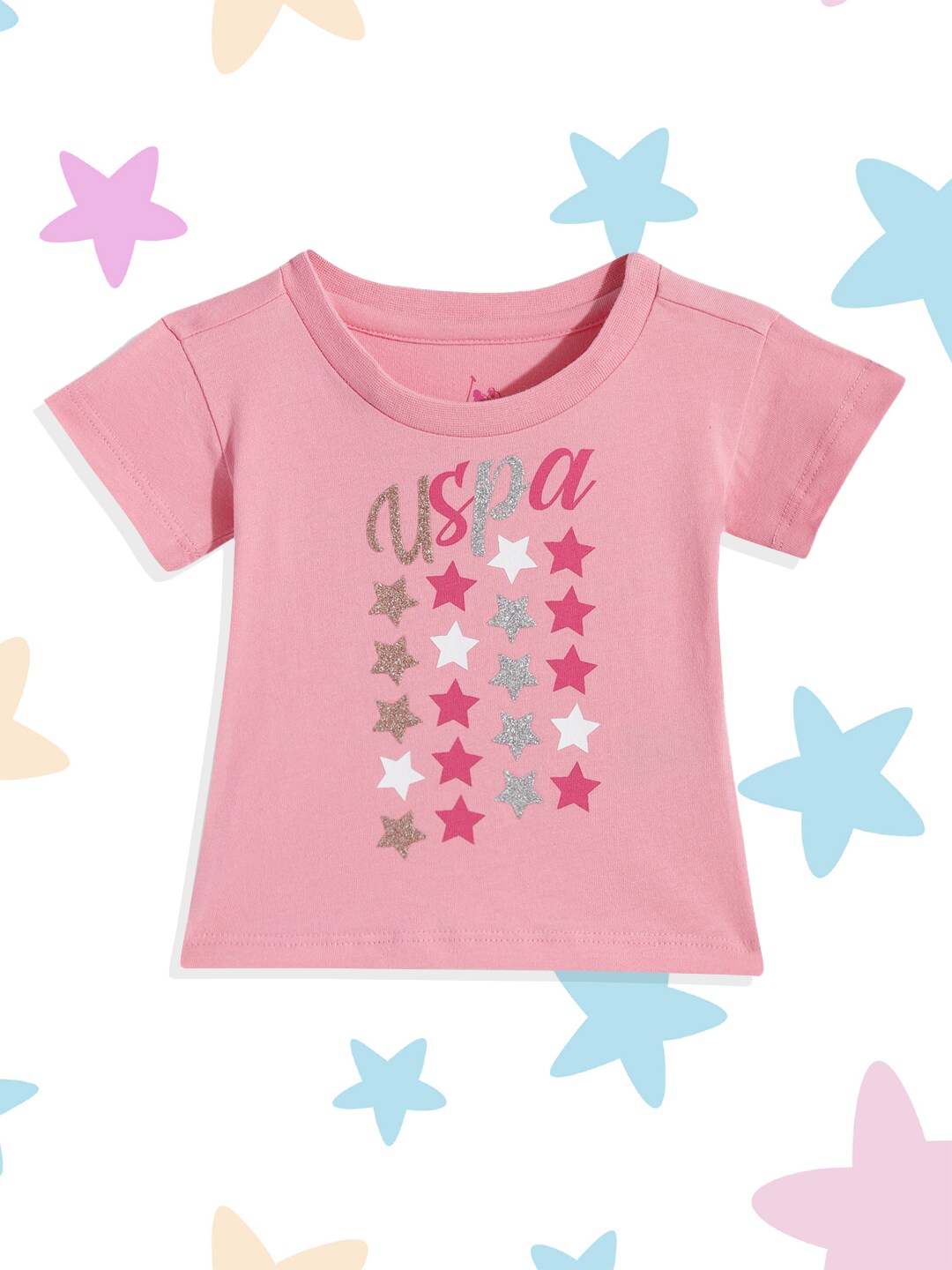 

U.S. Polo Assn. Kids Girls Pink Brand Logo Printed Pure Cotton T-shirt