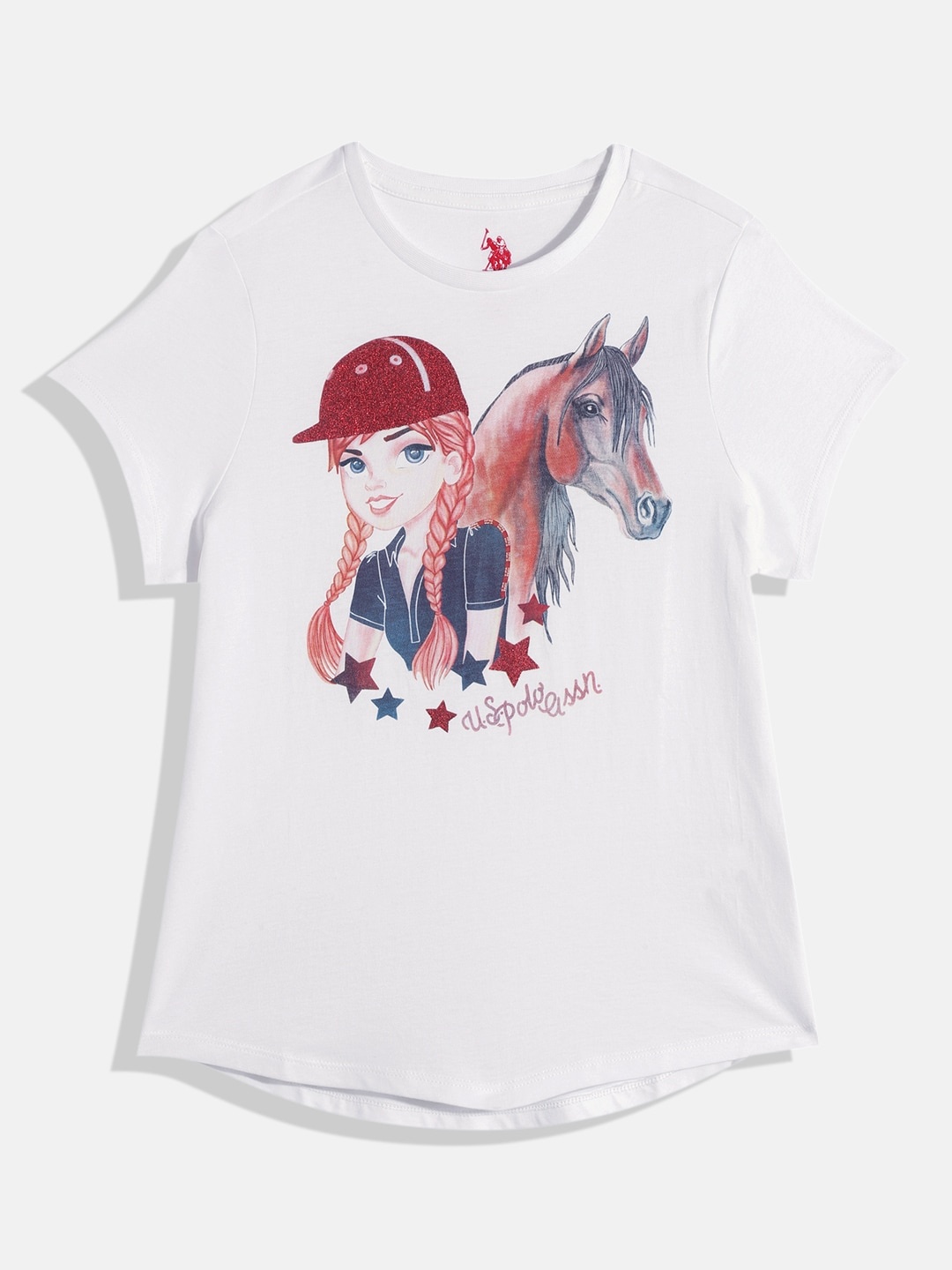 U.S. Polo Assn. Kids Girls Graphic & Brand Logo Print Pure Cotton T-shirt, White