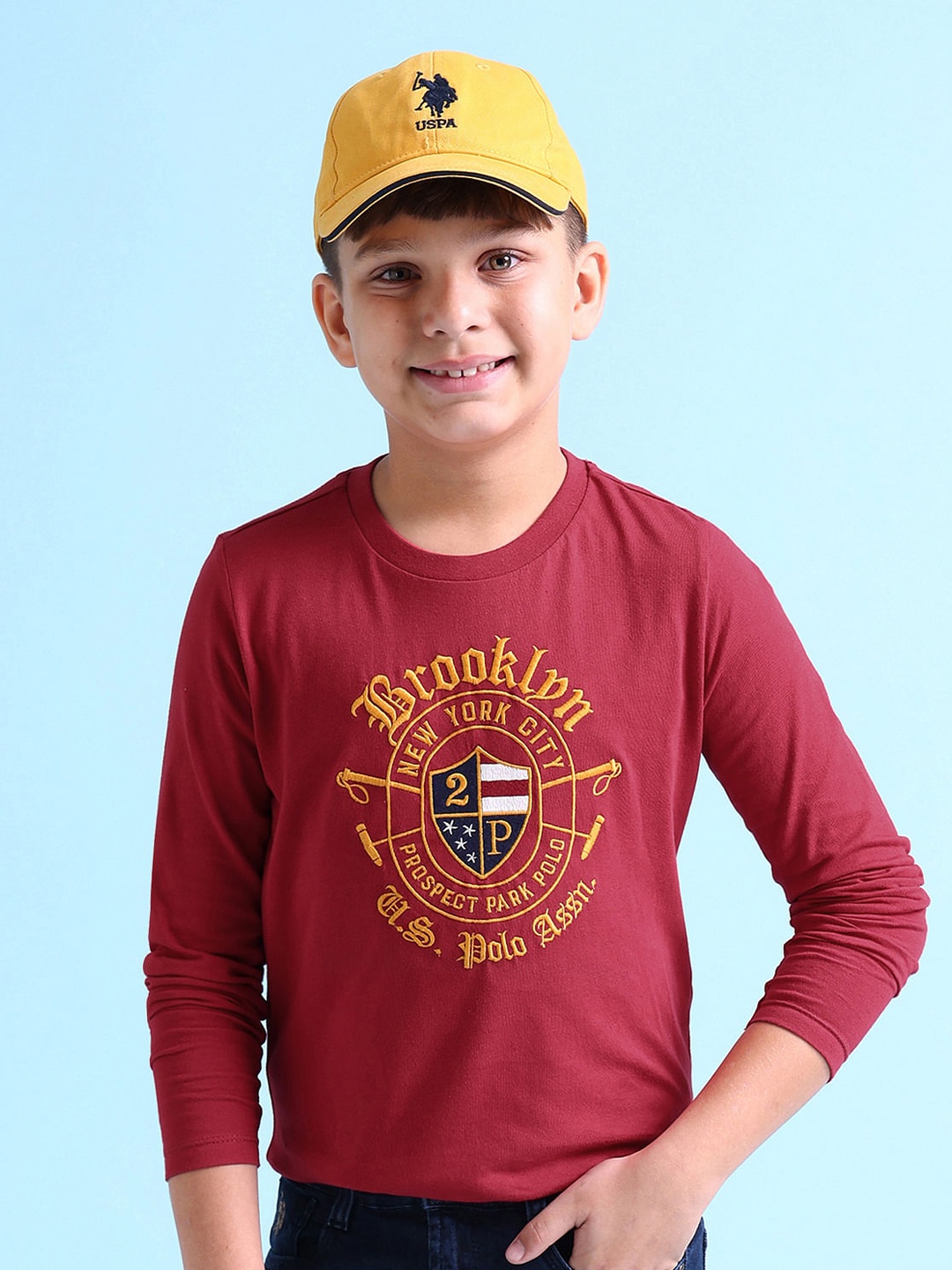 

U S Polo Assn Kids Boys Maroon Varsity Embroidered Pure Cotton T-shirt