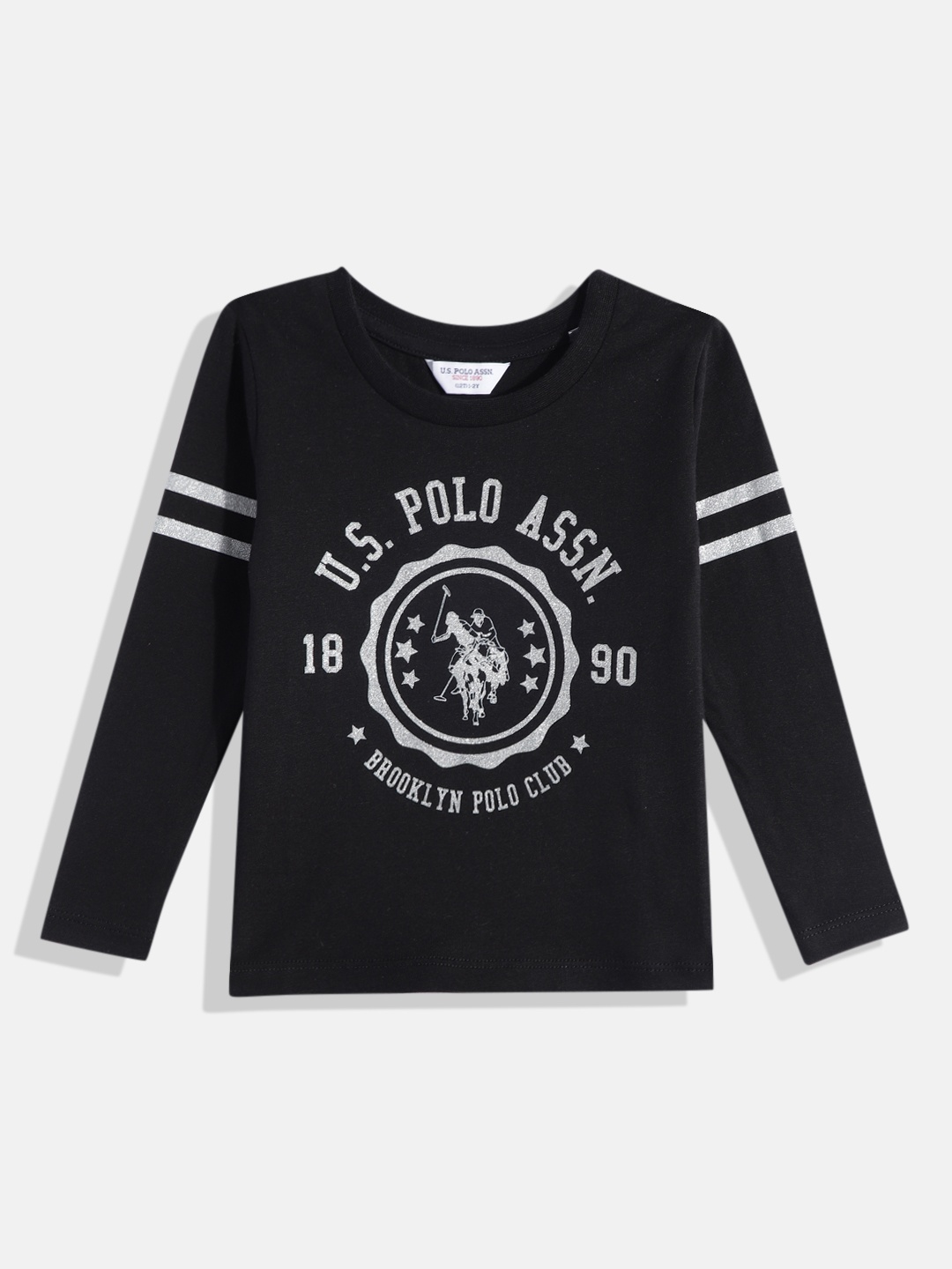 

U.S. Polo Assn. Kids Girls Brand Logo Glitter Printed Pure Cotton T-shirt, Black