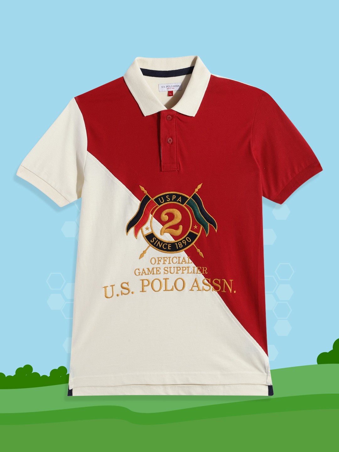 

U.S. Polo Assn. Kids Boys Off White & Red Colourblocked Polo Collar Pure Cotton T-shirt