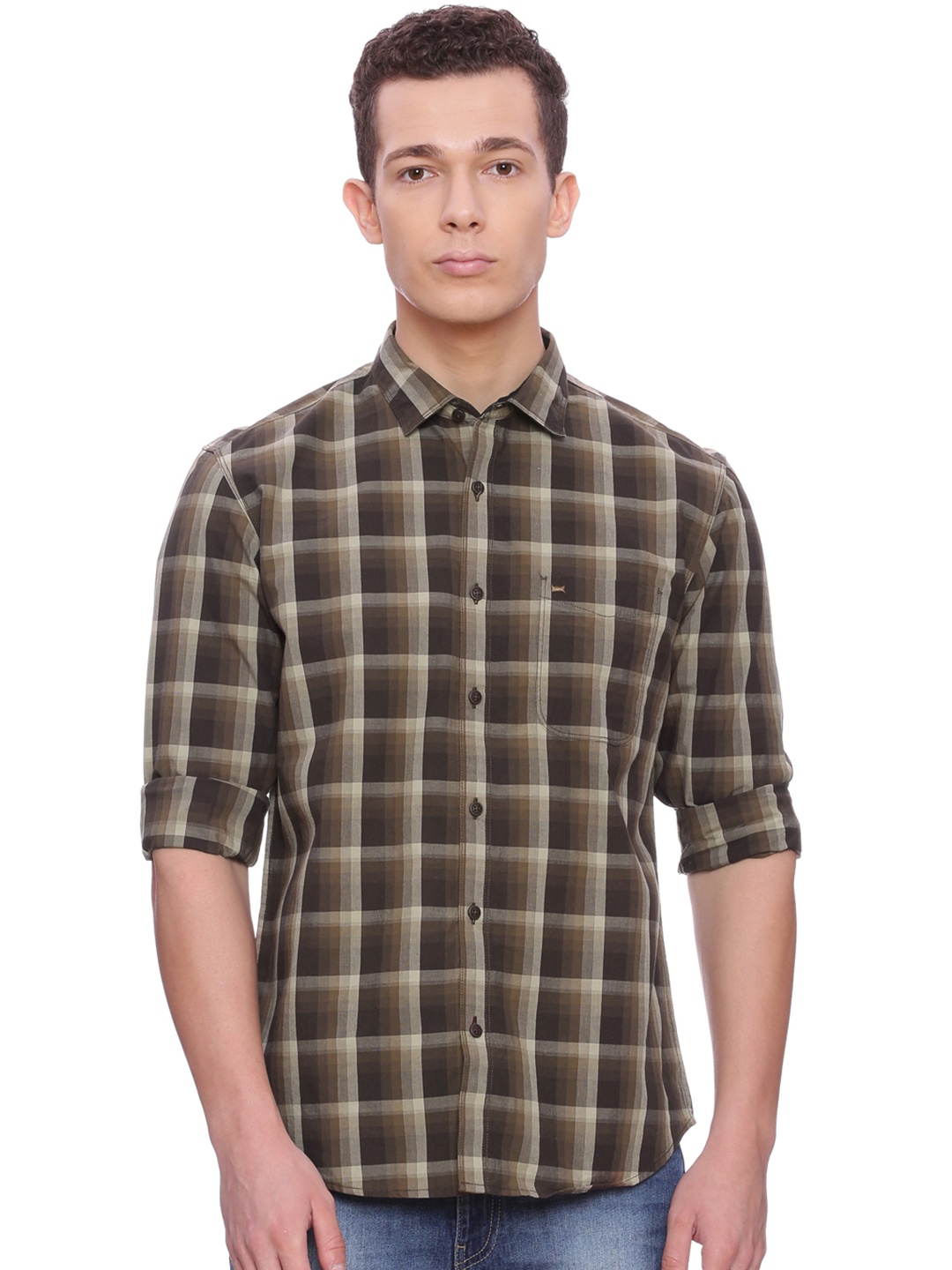 

Basics Men Brown Slim Fit Checked Casual Shirt