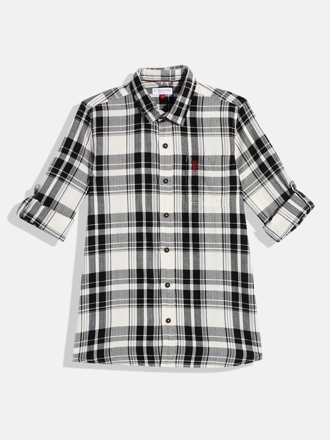 

U.S. Polo Assn. Kids Boys White & Black Tartan Checked Pure Cotton Casual Shirt