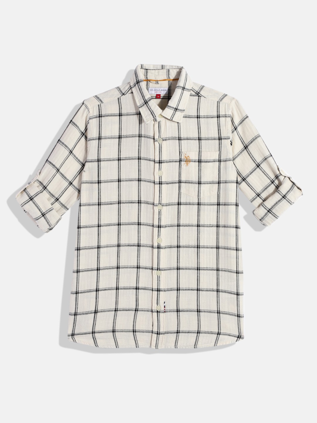 

U.S. Polo Assn. Kids Boys Off White Windowpane Checked Pure Cotton Casual Shirt