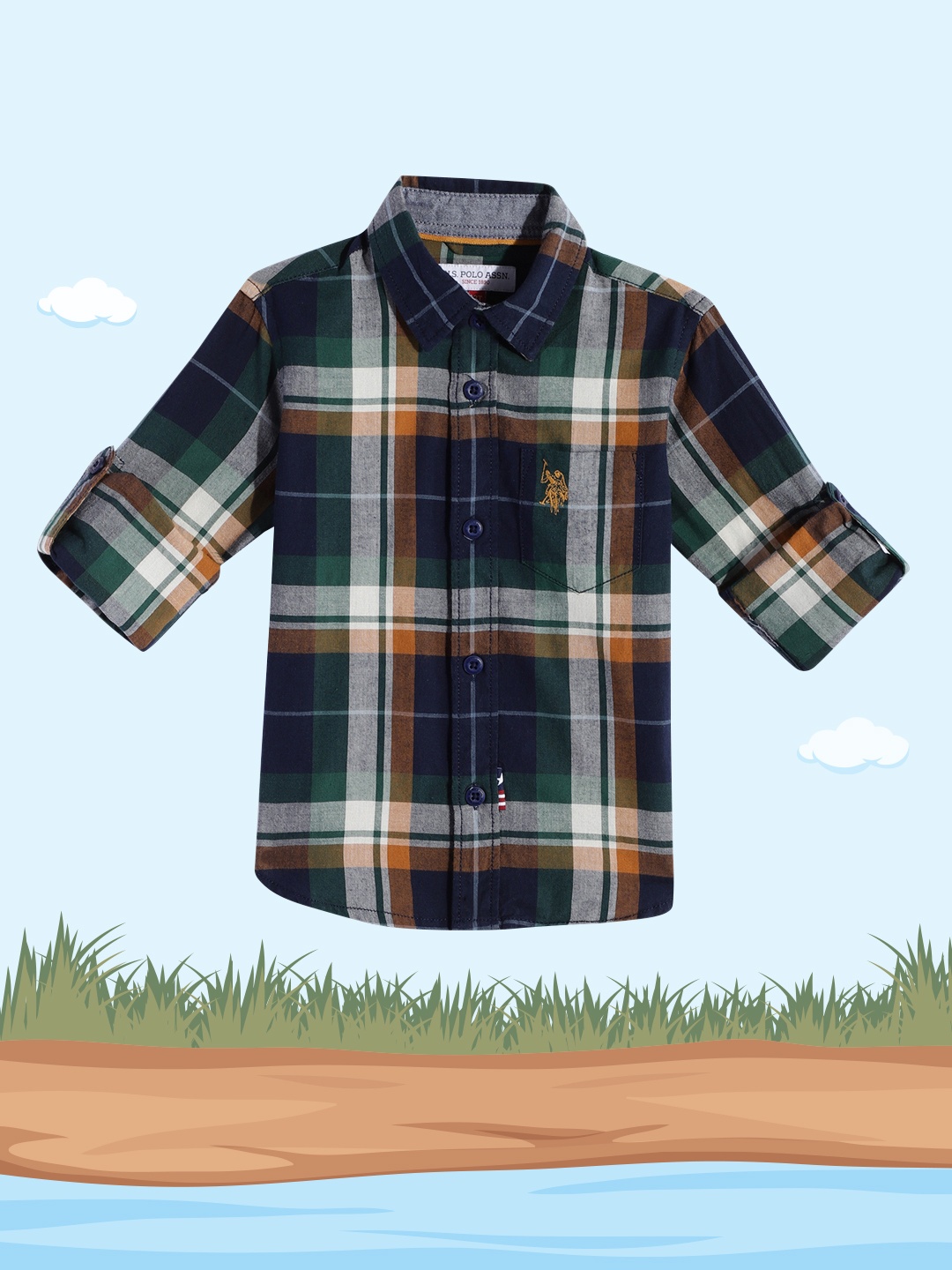 

U.S. Polo Assn. Kids Boys Navy Blue & Green Checked Pure Cotton Casual Shirt