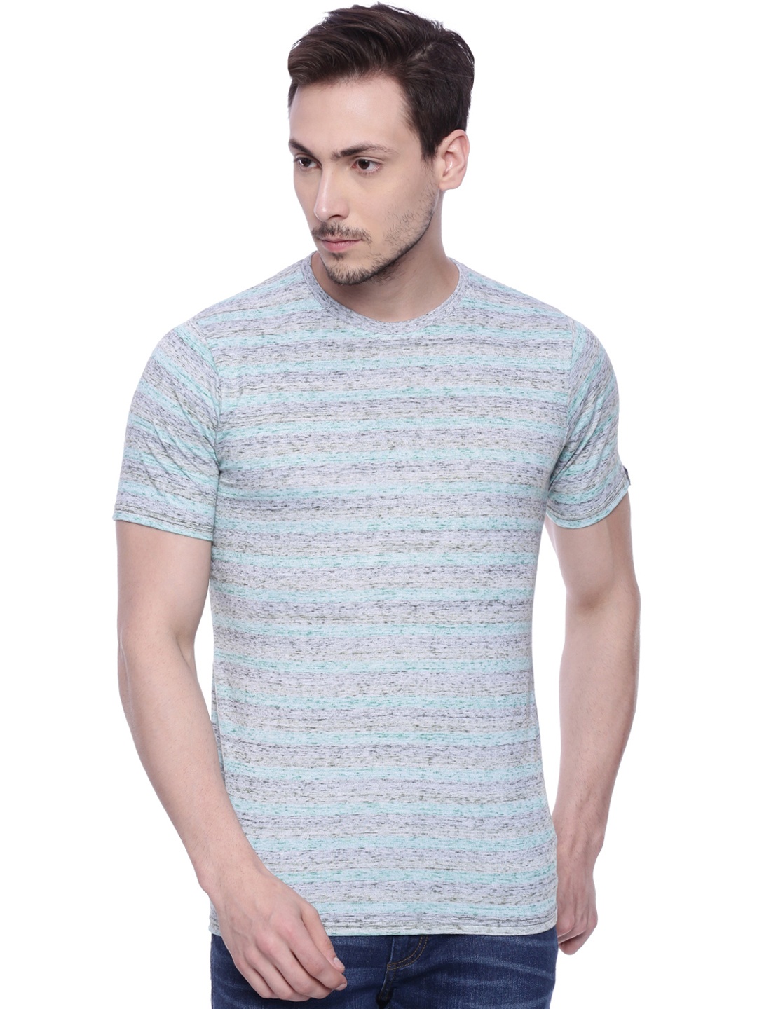 

Basics Men Grey Melange Striped Slim Fit Round Neck T-shirt