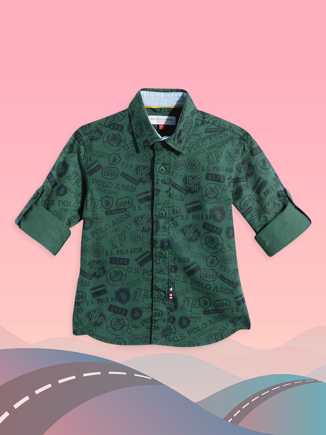 

U.S. Polo Assn. Kids Boys Green Brand Logo Printed Pure Cotton Casual Shirt