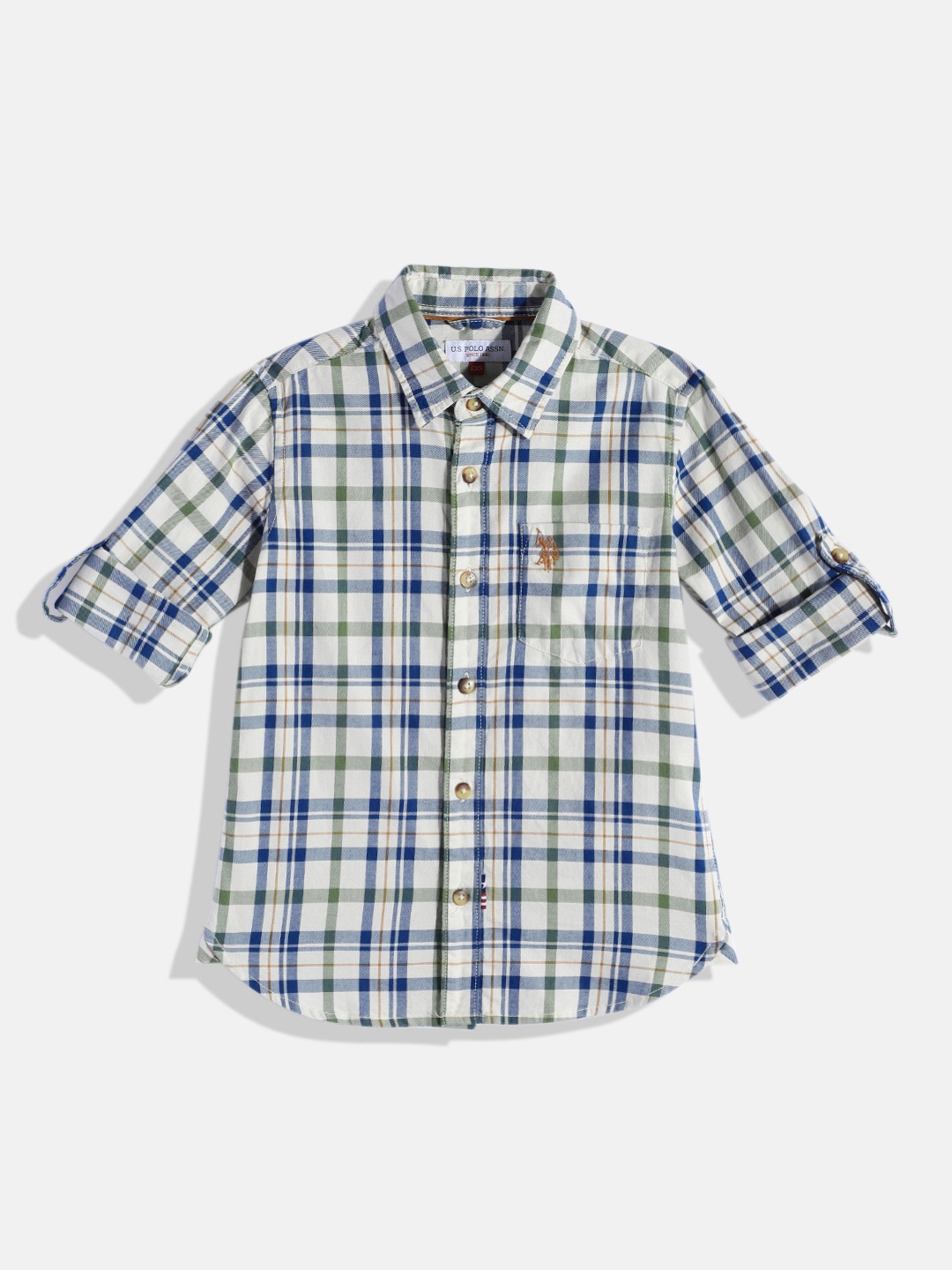 

U.S. Polo Assn. Kids Boys White & Green Checked Pure Cotton Casual Shirt
