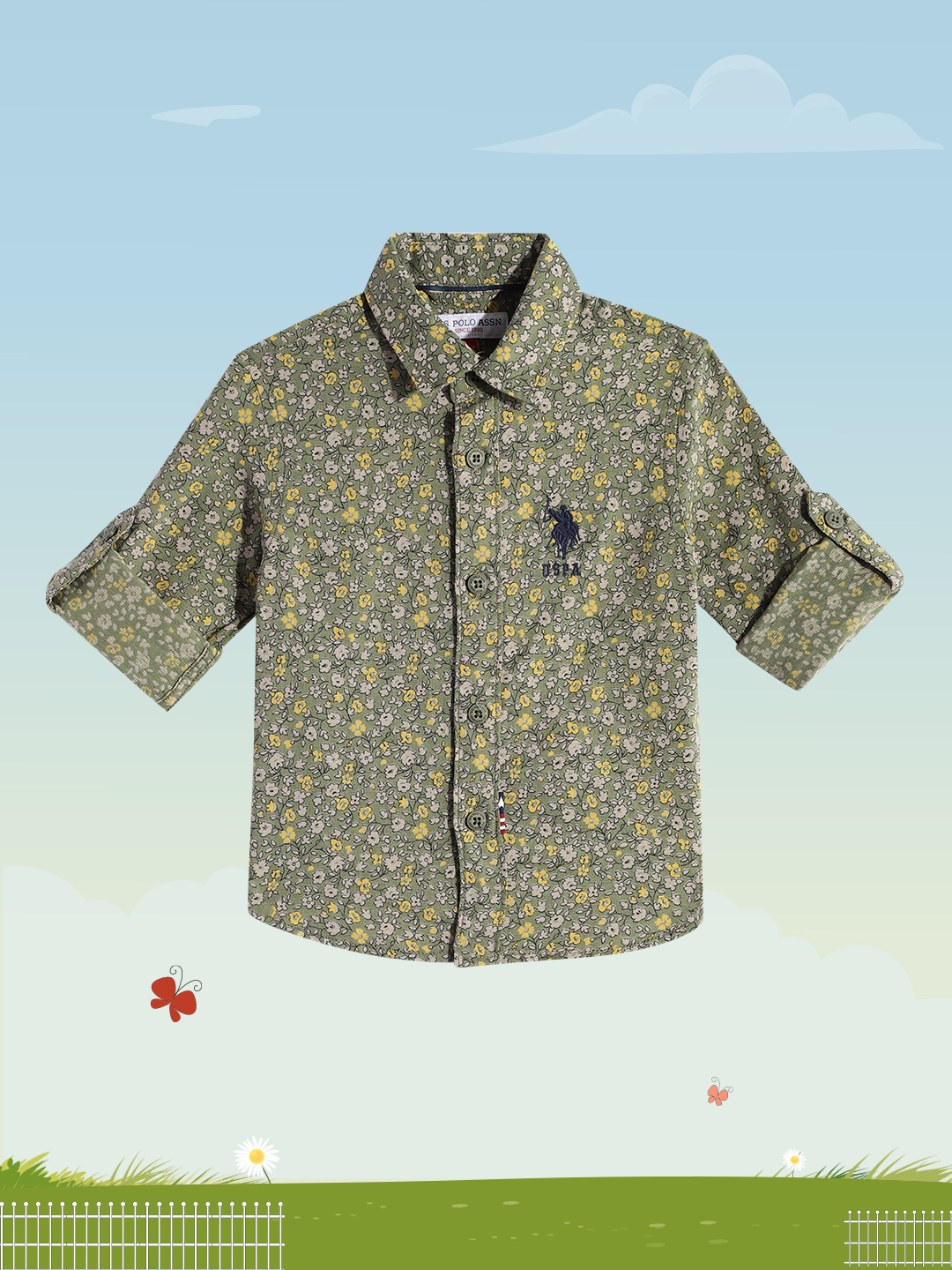 

U S Polo Assn Kids Boys Olive Green Floral Printed Casual Shirt