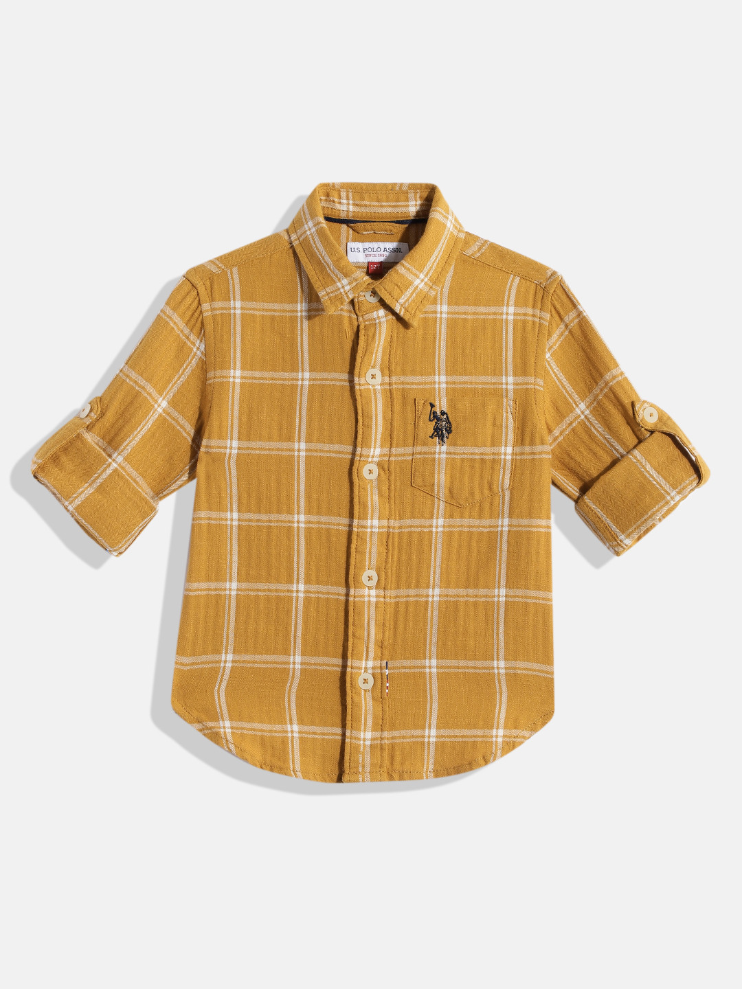 

U.S. Polo Assn. Kids Boys Mustard Windowpane Checked Pure Cotton Casual Shirt