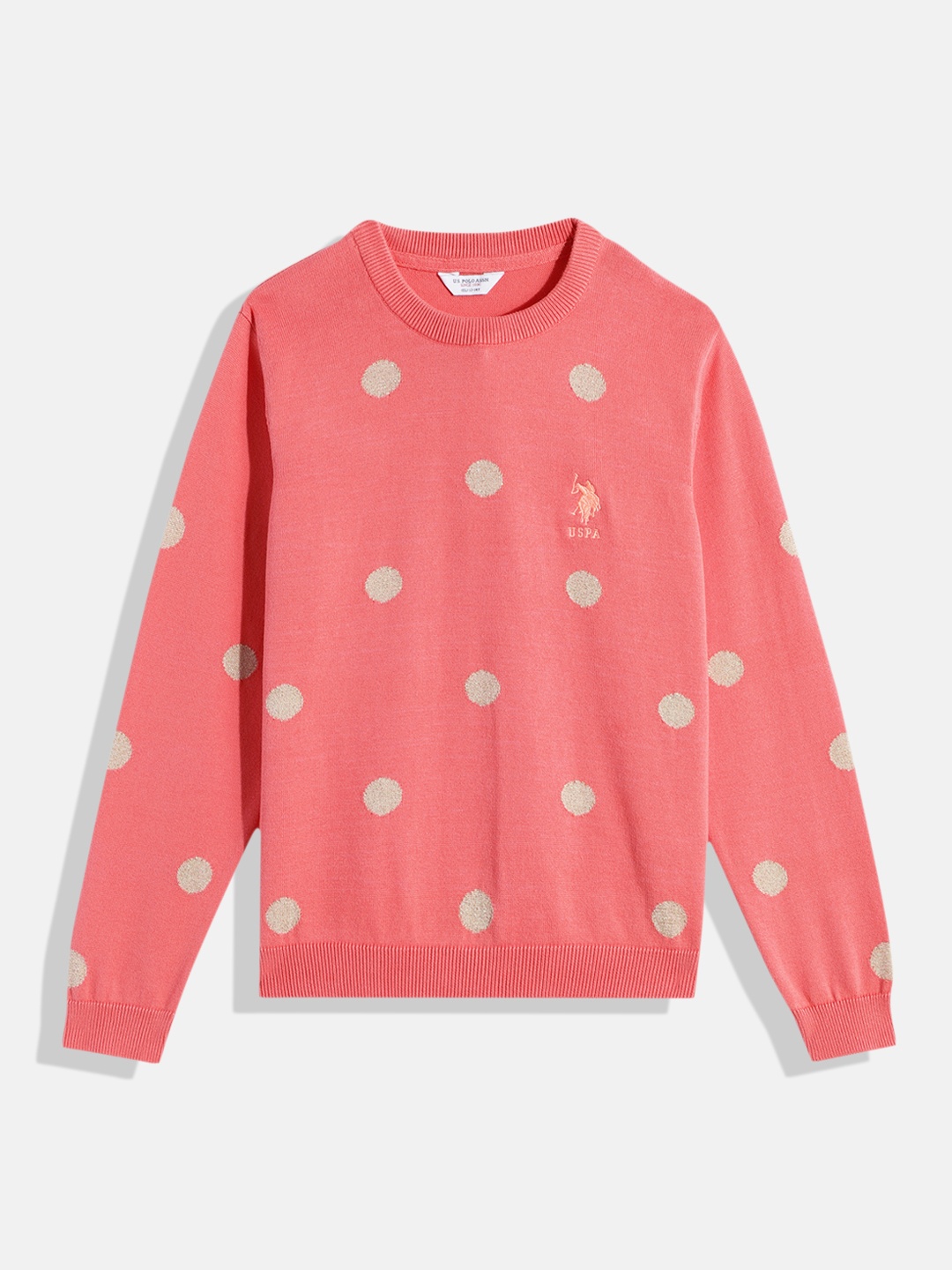 

U.S. Polo Assn. Kids Girls Coral Pink Polka Dots Printed Pure Cotton Pullover