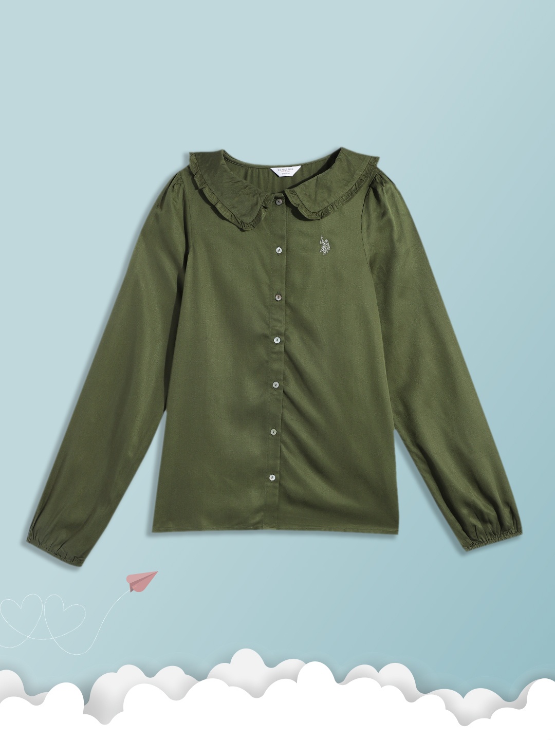 

U.S. Polo Assn. Kids Girls Olive Green Peter Pan Collar Bishop Sleeves Shirt Style Top