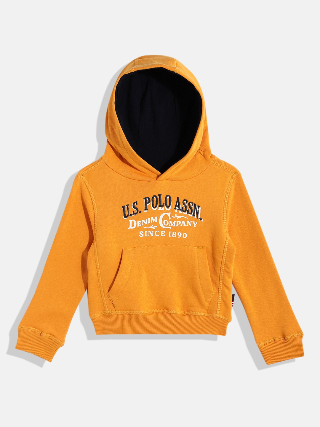 

U.S. Polo Assn. Kids Boys Mustard Yellow Brand Logo Print & Embroidered Hooded Sweatshirt