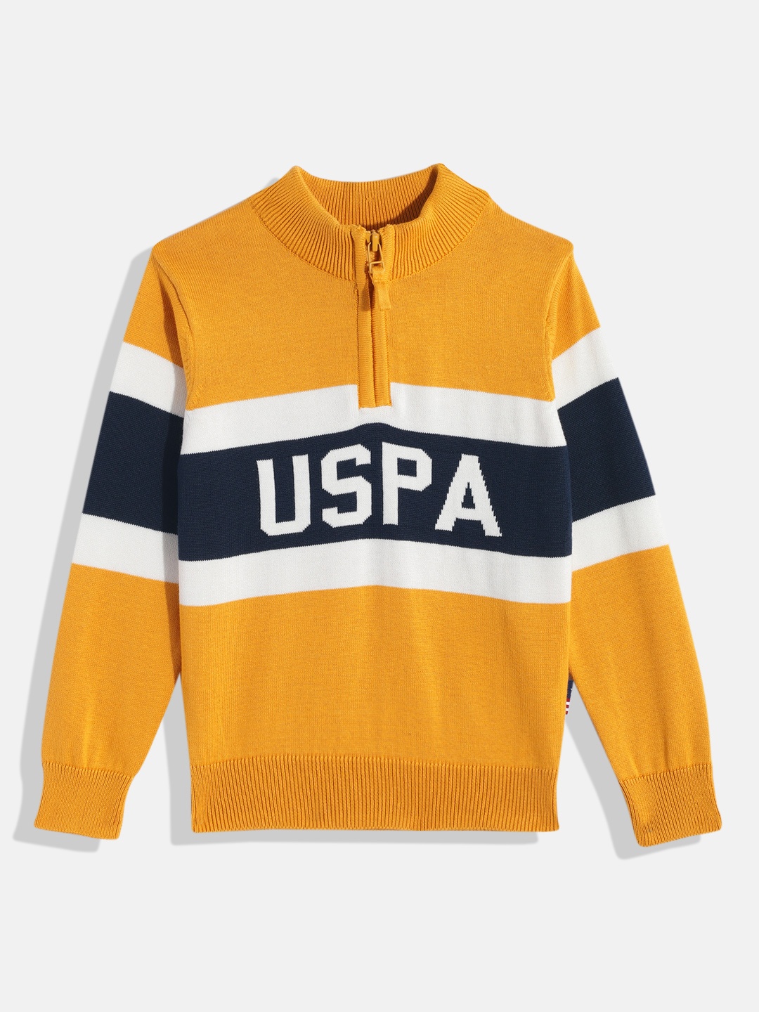 

U.S. Polo Assn. Kids Boys Yellow & Navy Blue Brand Logo Print Pure Cotton Pullover