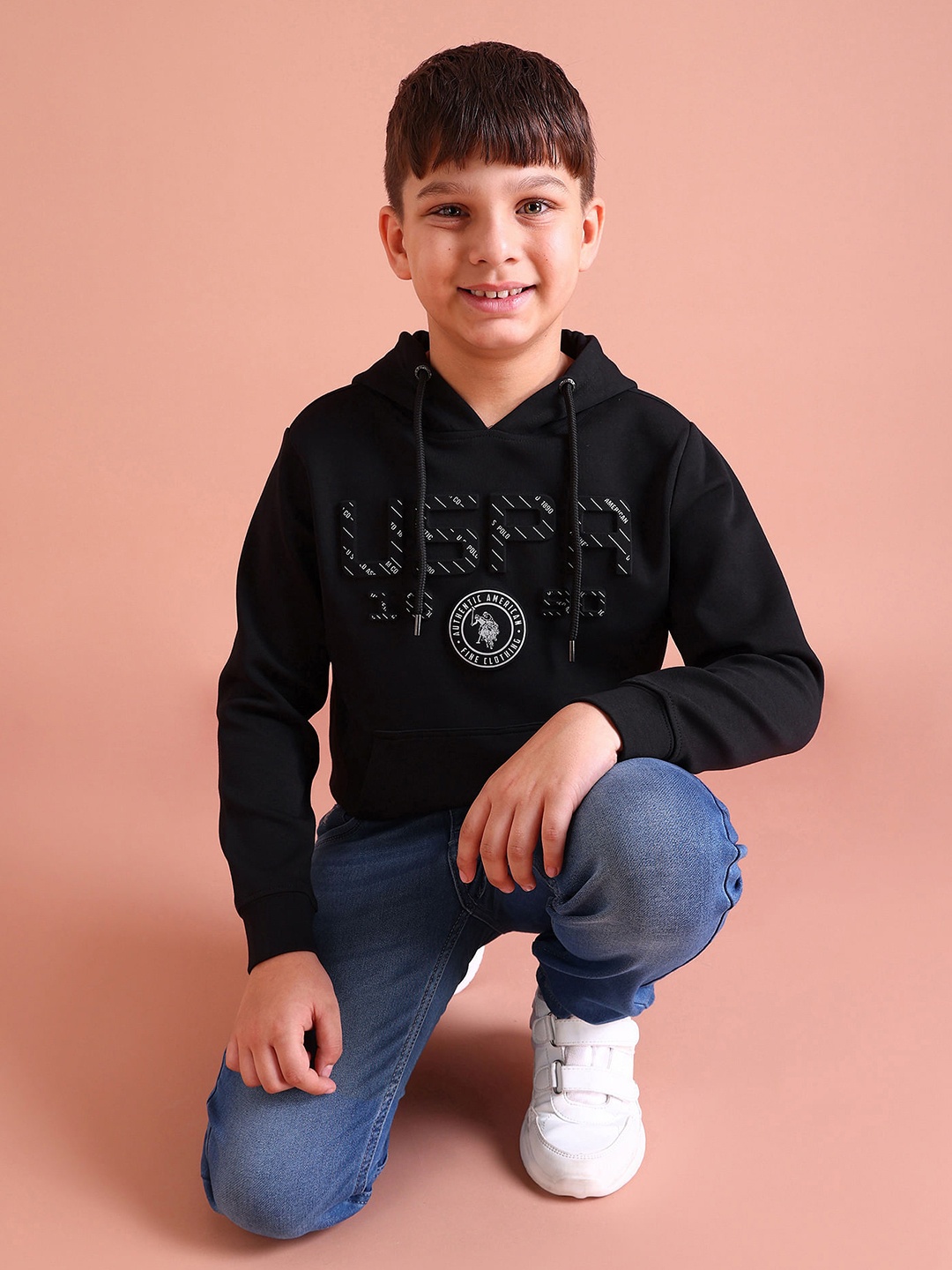 

U.S. Polo Assn. Kids Boys Black Brand Logo Embossed Hooded Sweatshirt