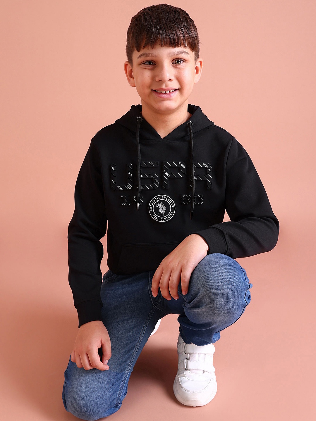 

U.S. Polo Assn. Kids Boys Black Brand Logo Embossed Hooded Sweatshirt