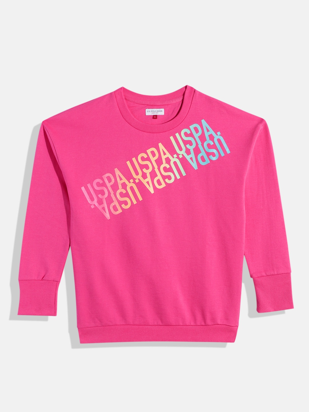 

U.S. Polo Assn. Kids Girls Magenta Pink Brand Logo Print Sweatshirt