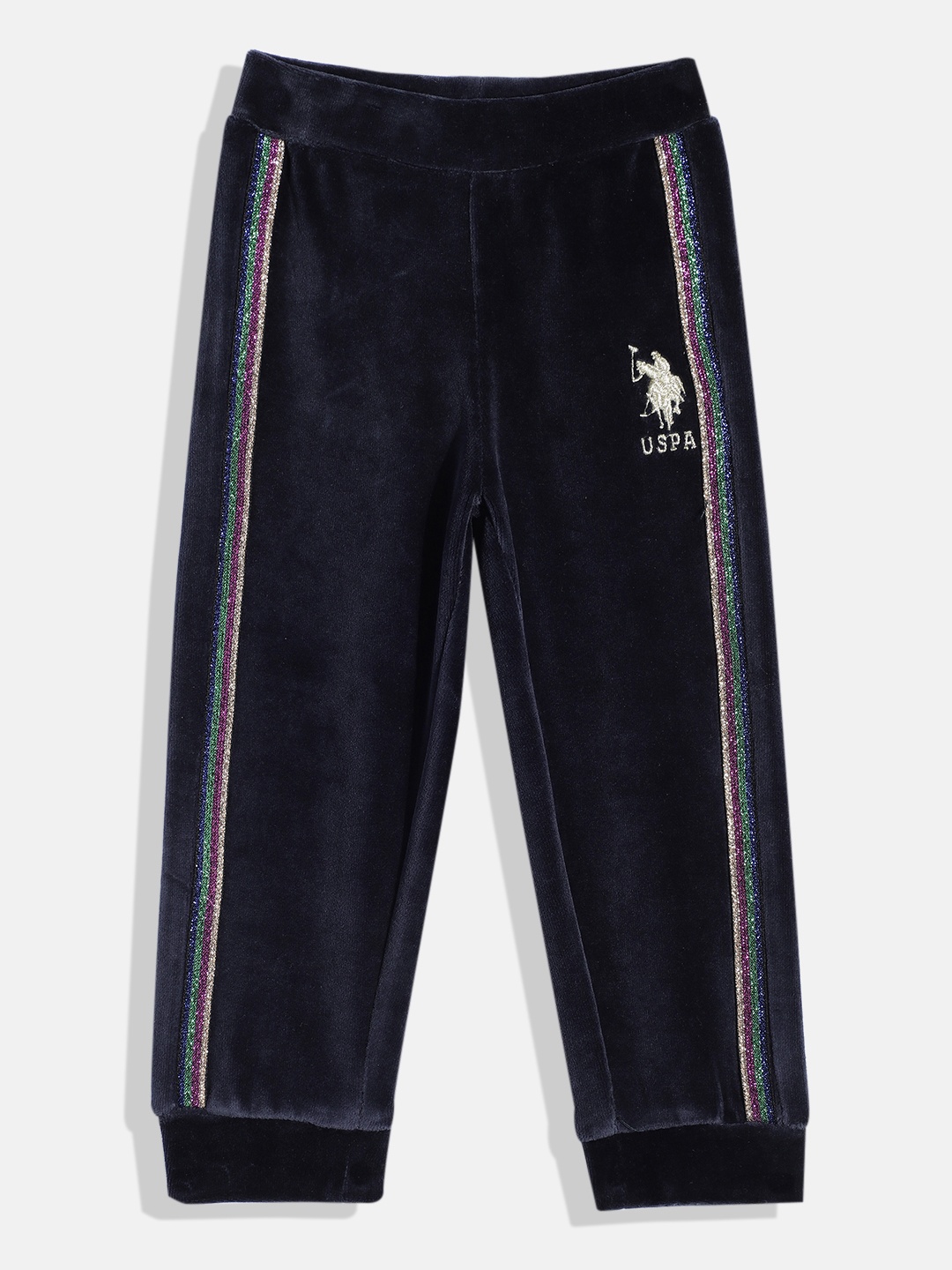 

U.S. Polo Assn. Kids Girls Side Striped VELOUR Velvet Finish Joggers, Navy blue