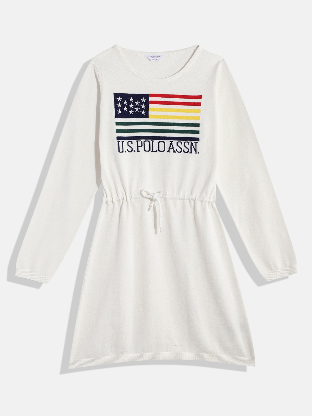 U.S. Polo Assn. Kids Girls Printed Pure Cotton A-Line Dress, White