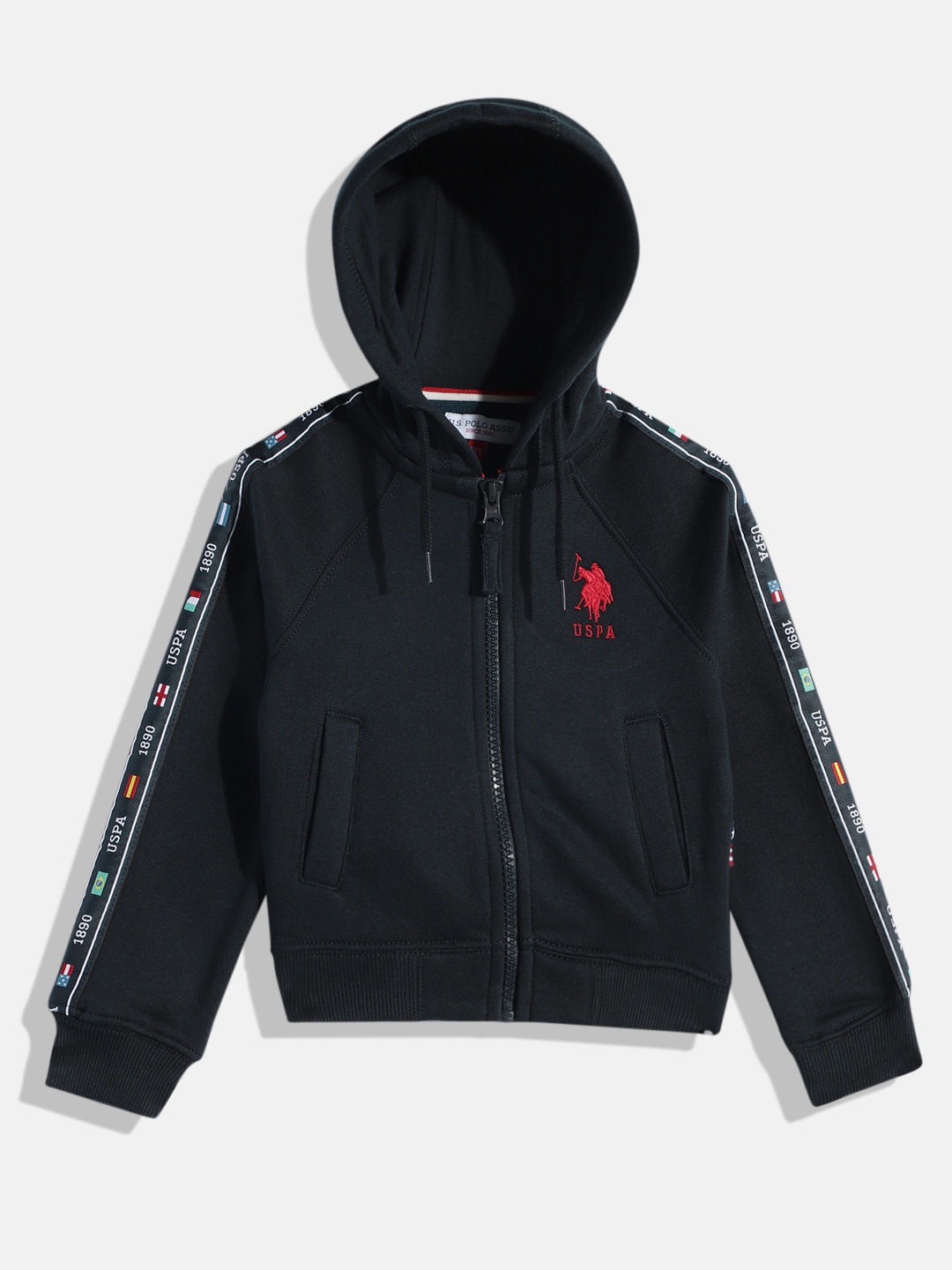 

U.S. Polo Assn. Kids Boys Navy Blue Solid Hooded Front-Open Sweatshirt