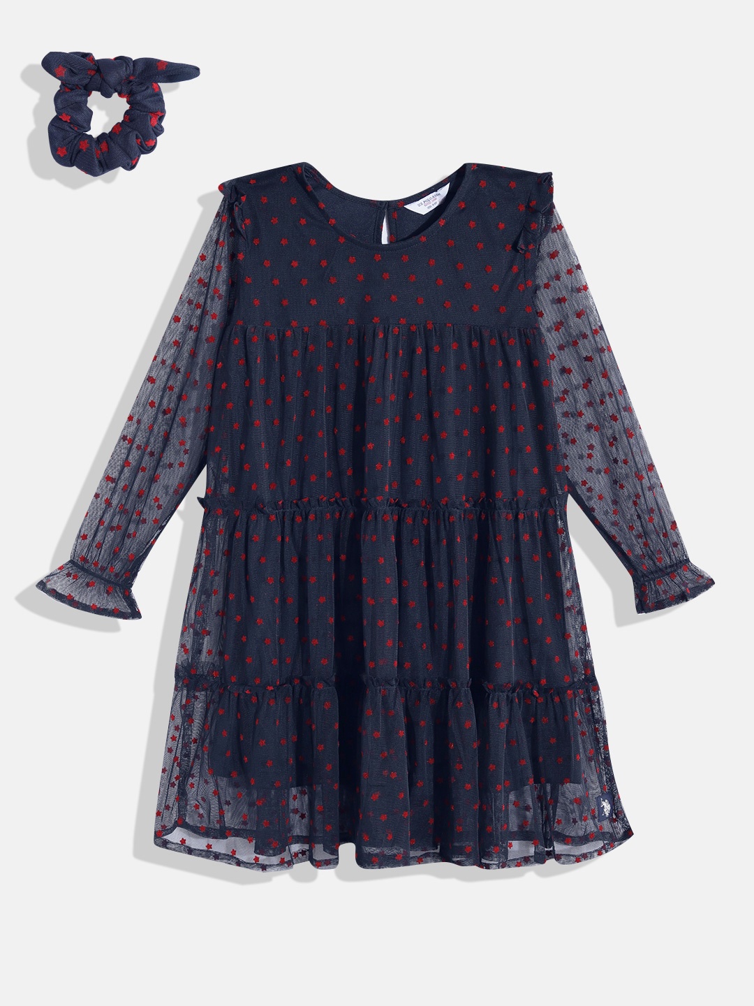 

U.S. Polo Assn. Kids Conversational Print Tiered A-Line Dress, Navy blue