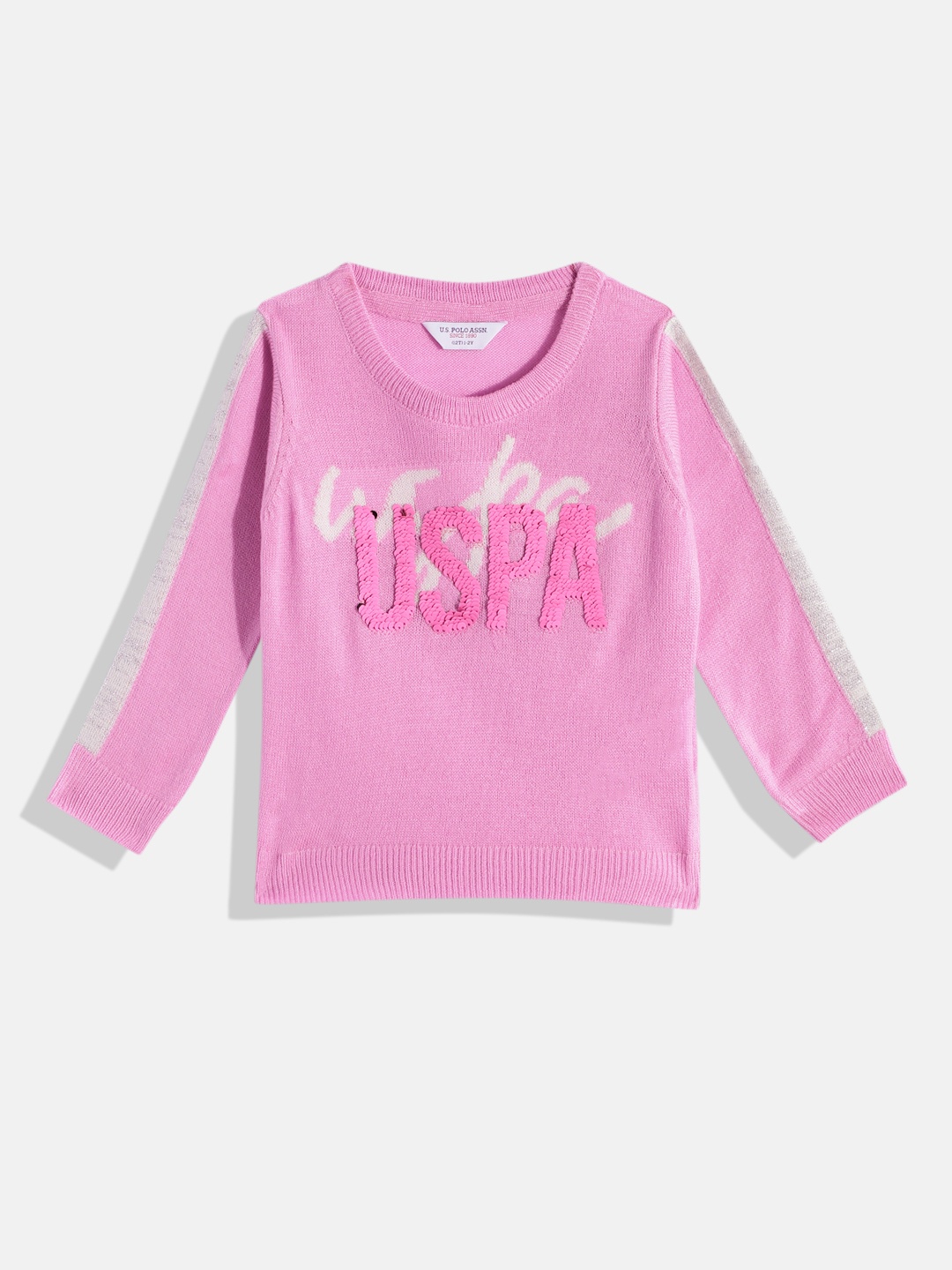 

U.S. Polo Assn. Kids Girls Brand Logo Printed Pullover with Sequin Embellished Detail, Pink