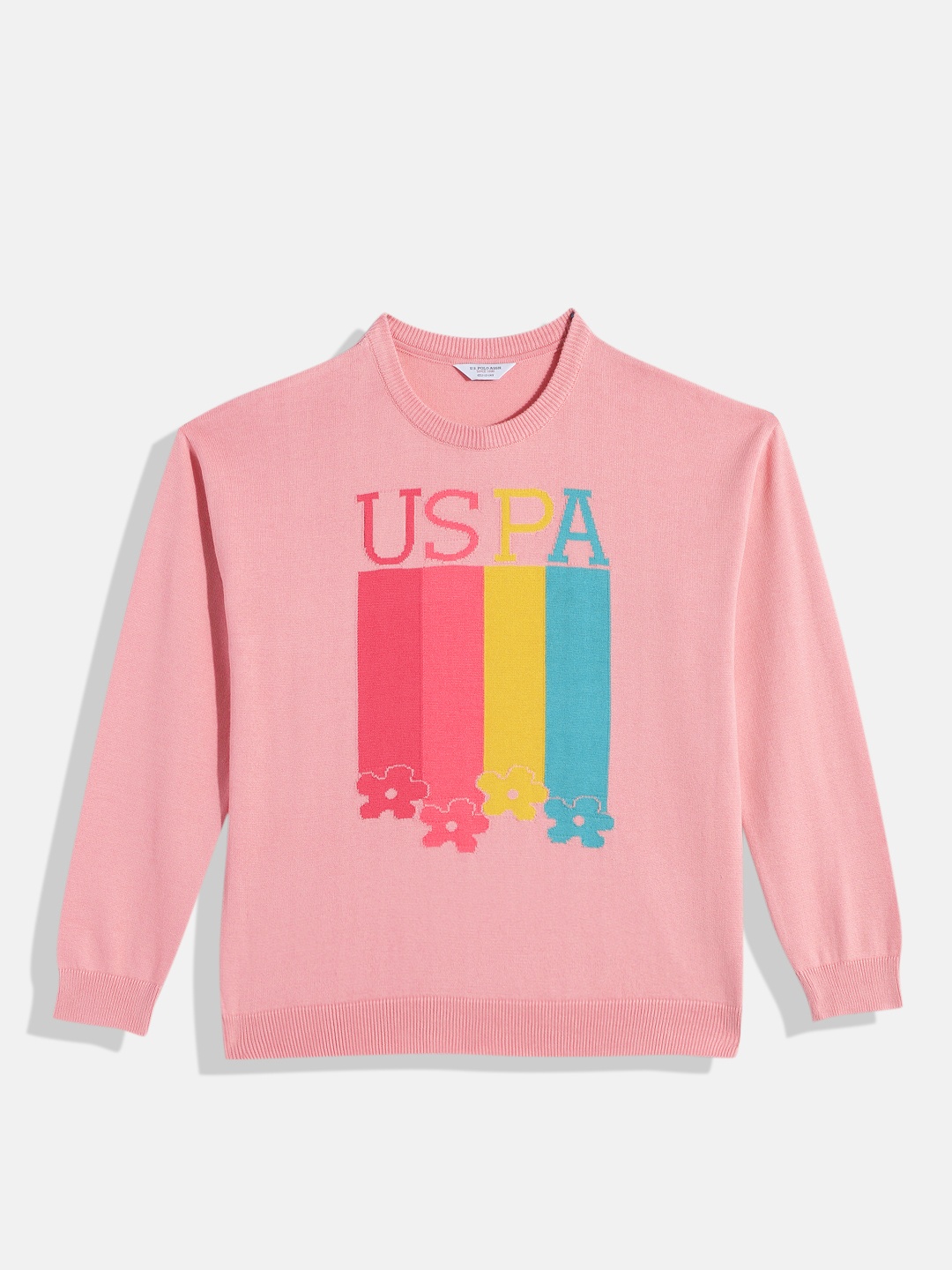 

U.S. Polo Assn. Kids Girls Pink Brand Logo Self Design Pure Cotton Pullover