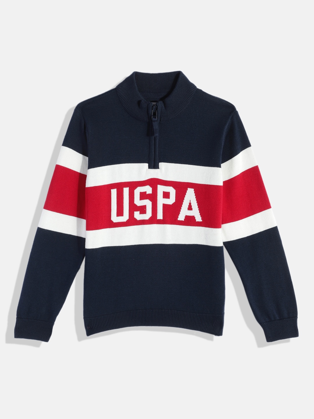 

U.S. Polo Assn. Kids Boys Navy Blue & Red Colourblocked Pure Cotton Pullover