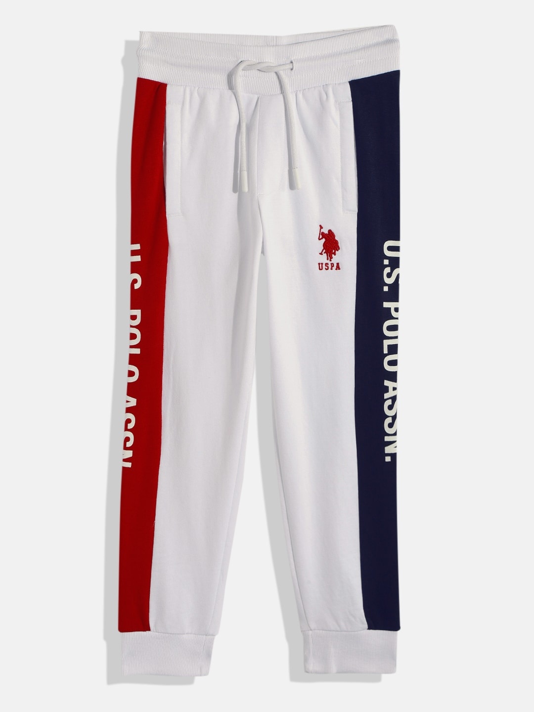 

U.S. Polo Assn. Kids Boys White & Navy Blue Printed Pure Cotton Joggers