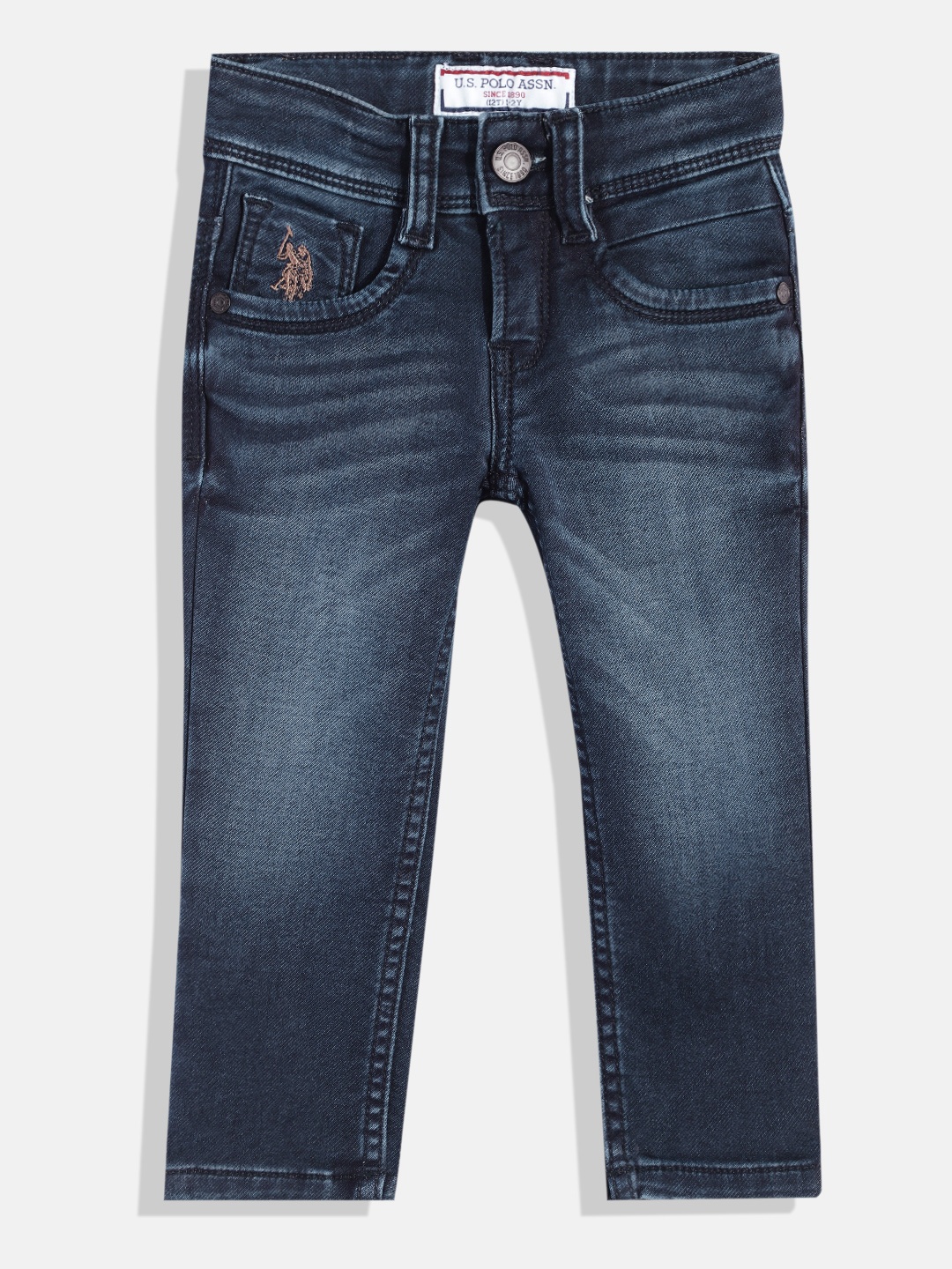 

U.S. Polo Assn. Kids Boys Navy Blue Slim Fit Mid-Rise Light Fade Stretchable Jeans
