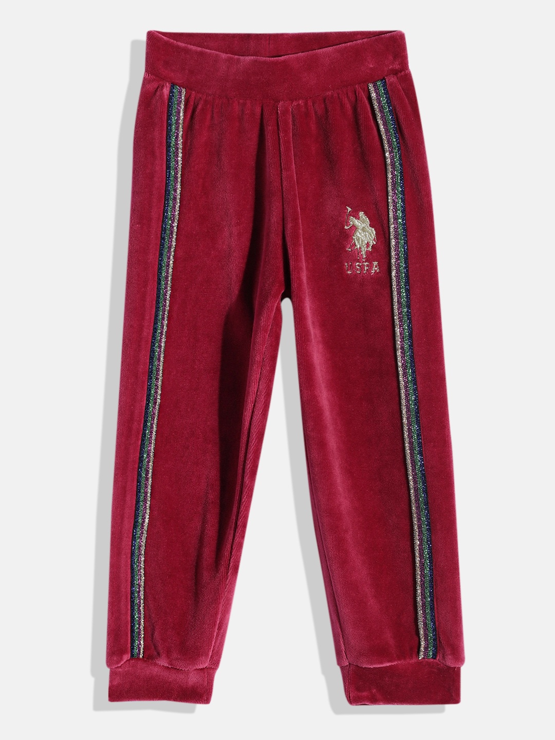 

U.S. Polo Assn. Kids Girls Side Striped VELOUR Velvet Finish Joggers, Red