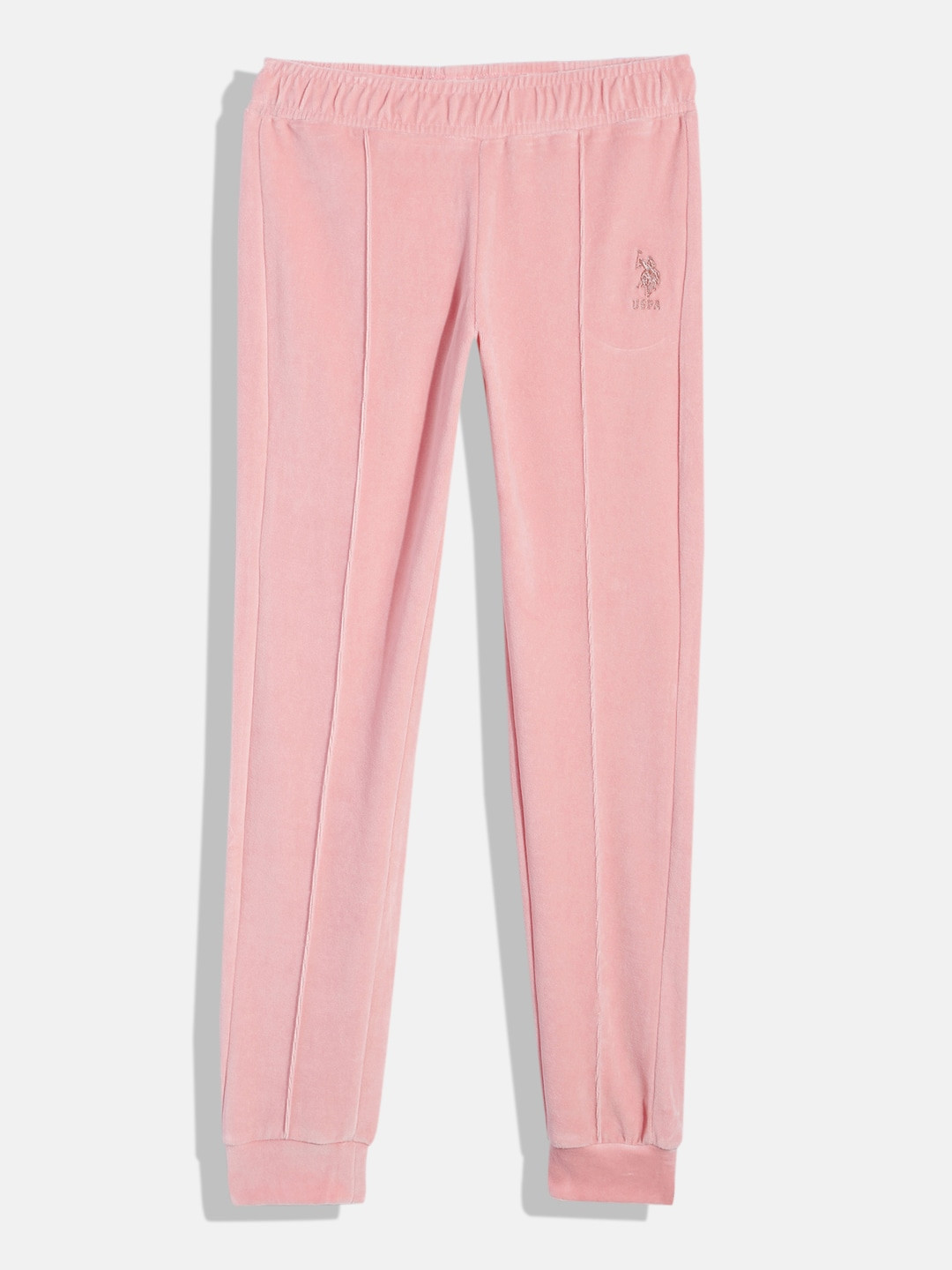 

U.S. Polo Assn. Kids Girls Solid Regular Fit Mid-Rise Velvet Joggers, Peach