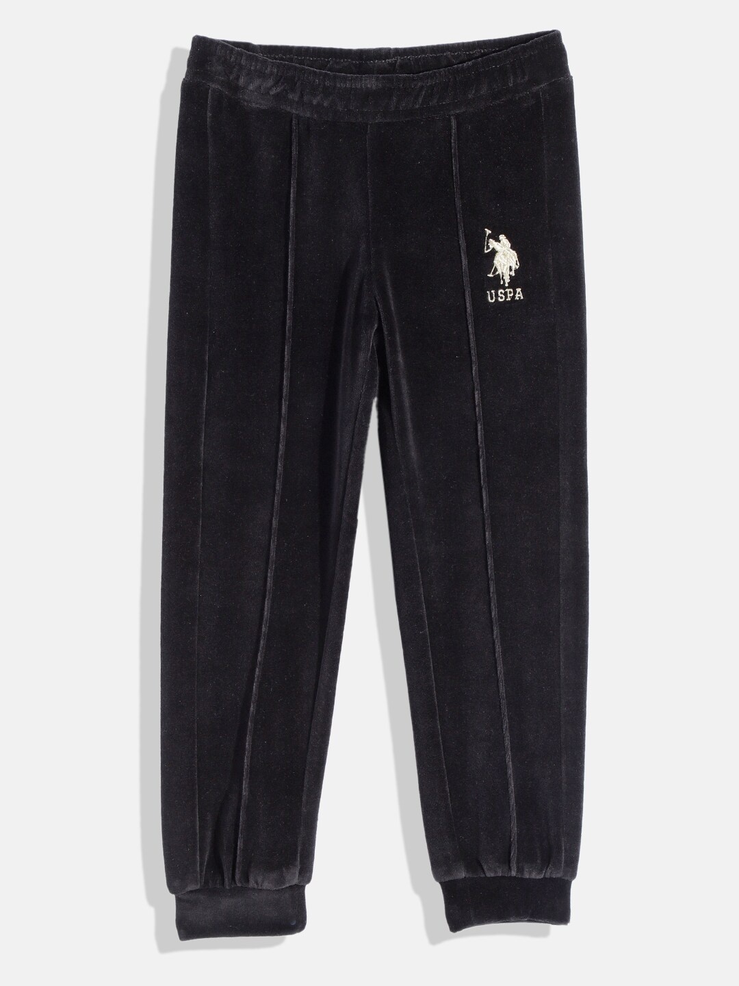 

U.S. Polo Assn. Kids Girls Solid Regular Fit Mid-Rise Knitted Velvet Joggers, Black