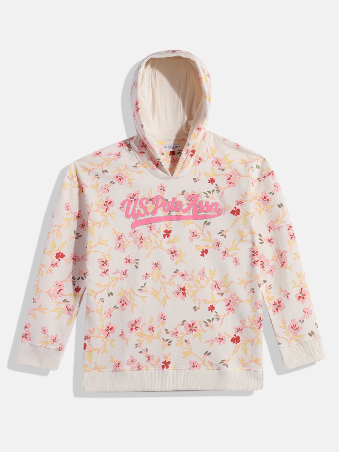 

U.S. Polo Assn. Kids Girls Pink Floral Printed Hooded Sweatshirt