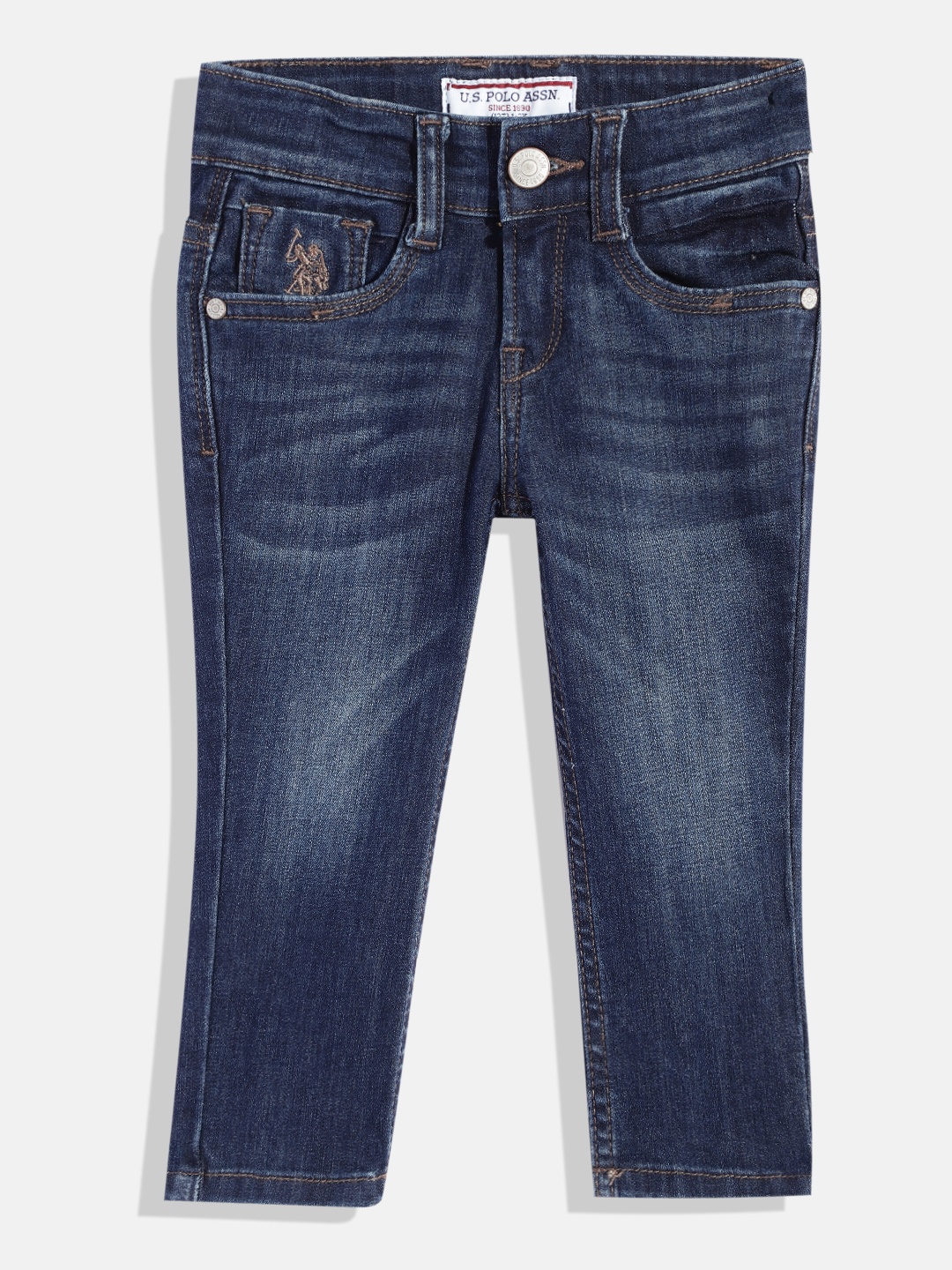 

U.S. Polo Assn. Kids Boys Navy Blue Slim Fit Mid-Rise Light Fade Stretchable Jeans