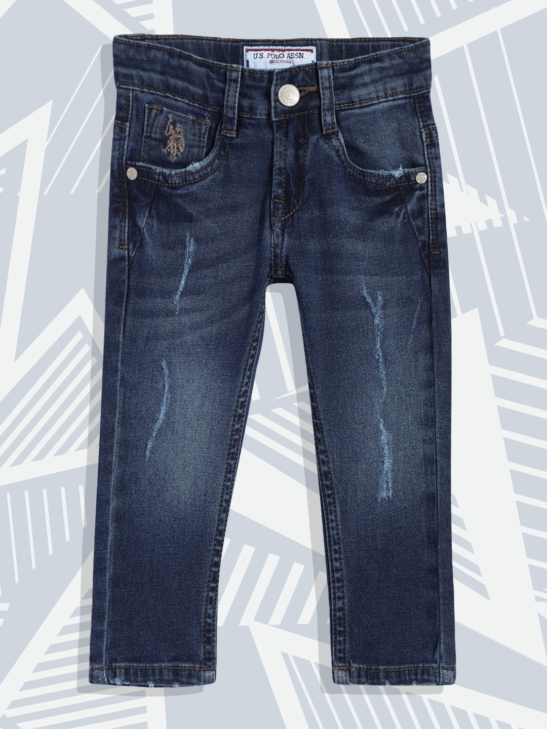 

U S Polo Assn Kids Boys Blue Skinny Fit Low Distress Heavy Fade Stretchable Jeans