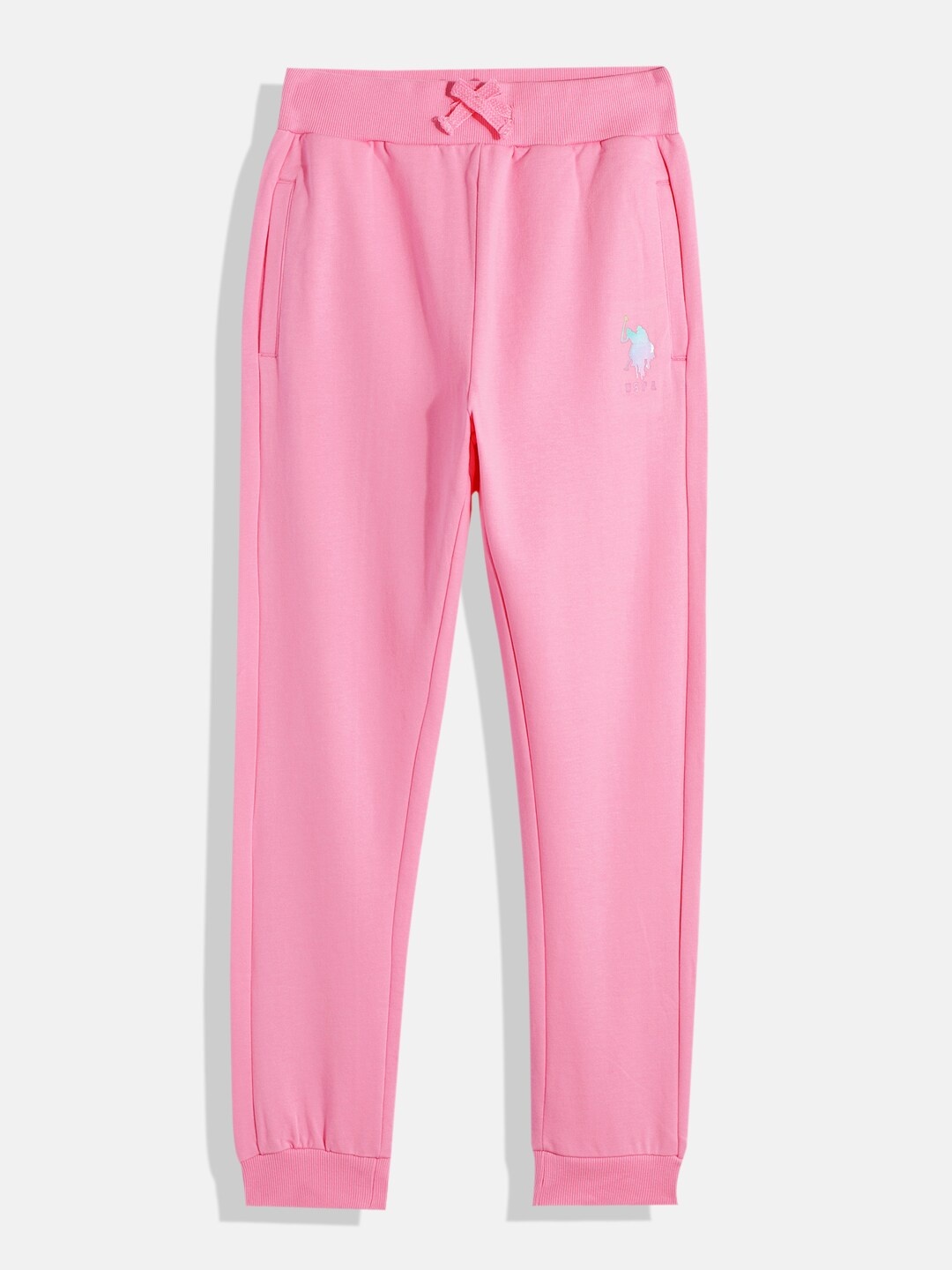 

U.S. Polo Assn. Kids Girls Solid Regular Fit Mid-Rise Knitted Joggers, Pink