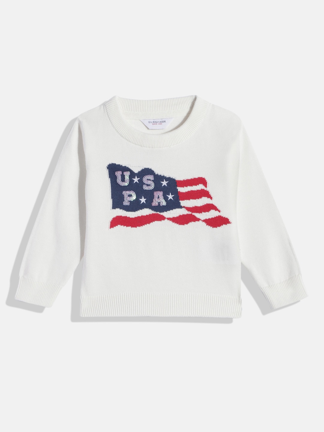 

U.S. Polo Assn. Kids Girls White Printed Pure Cotton Pullover with Embellished Detail