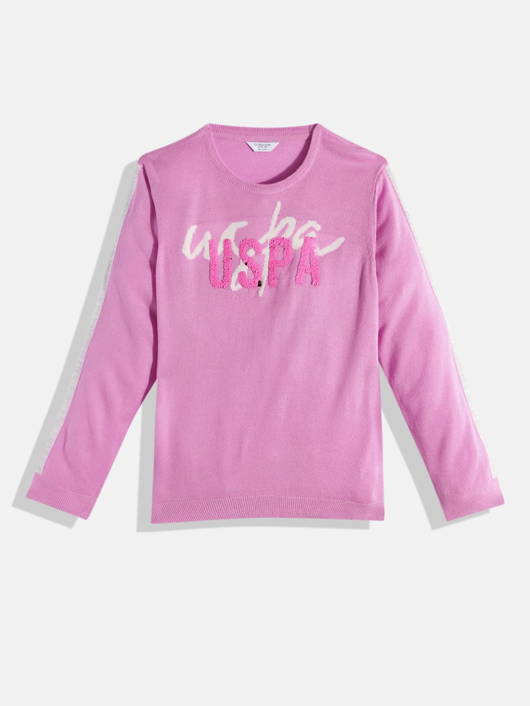 

U.S. Polo Assn. Kids Girls Brand Logo Printed Pullover with Sequin Embellished Detail, Pink