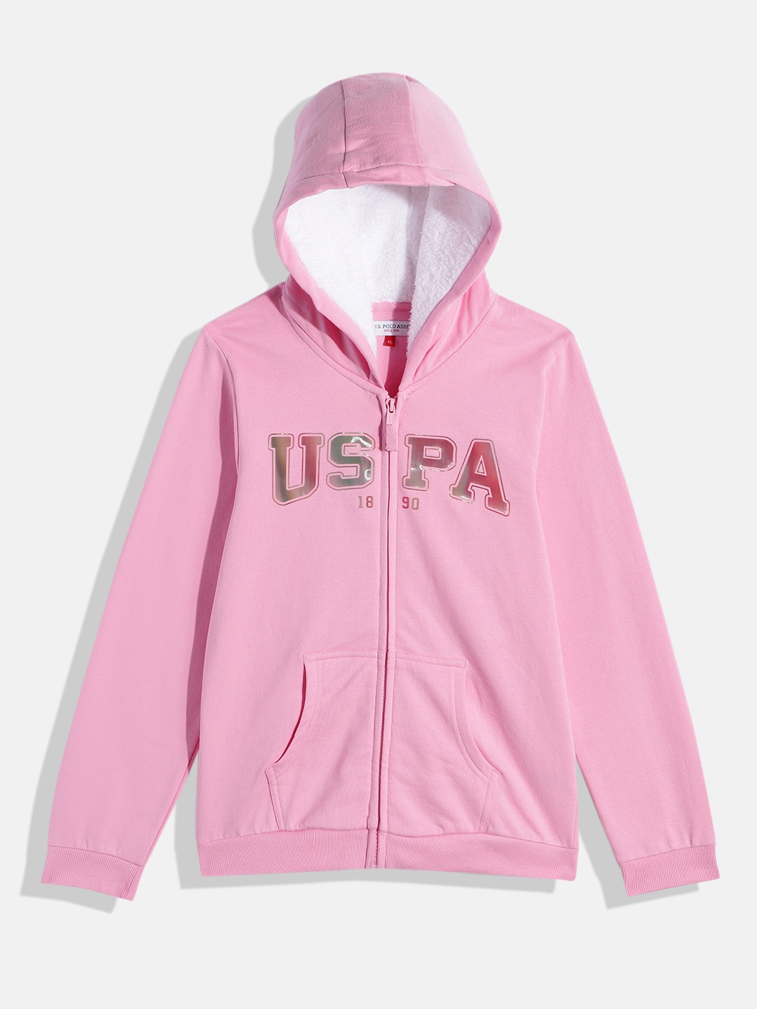 

U.S. Polo Assn. Kids Girls Pink Brand Logo Printed Hooded Sweatshirt