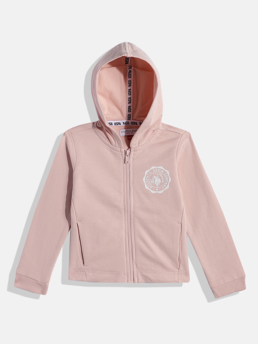 

U.S. Polo Assn. Kids Girls Peach Pink Solid Hooded Front-Open Sweatshirt With Brand Logo