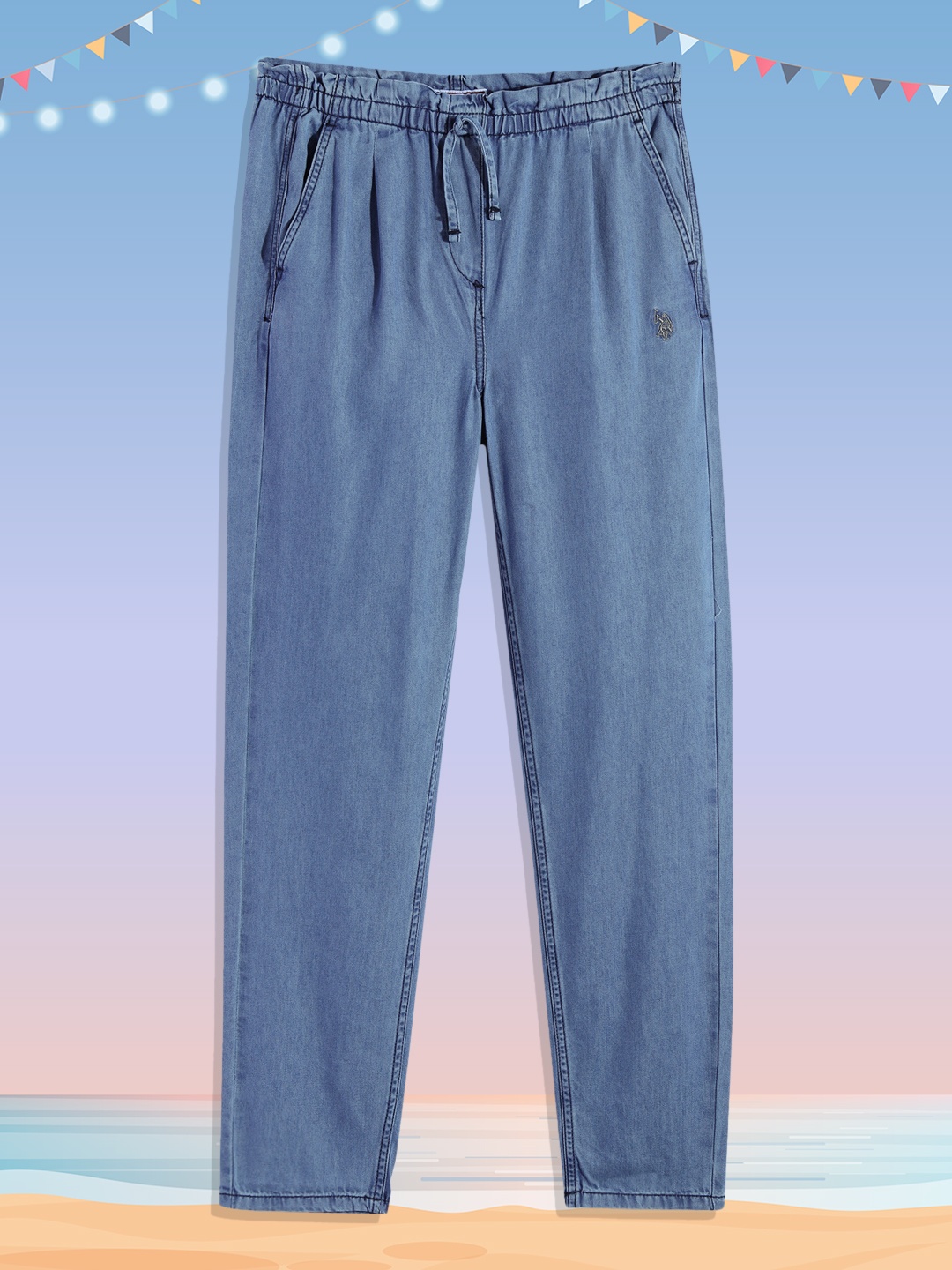 

U.S. Polo Assn. Kids Girls Blue Paperbag Waist Mid-Rise Light Fade Elasticated Jeans