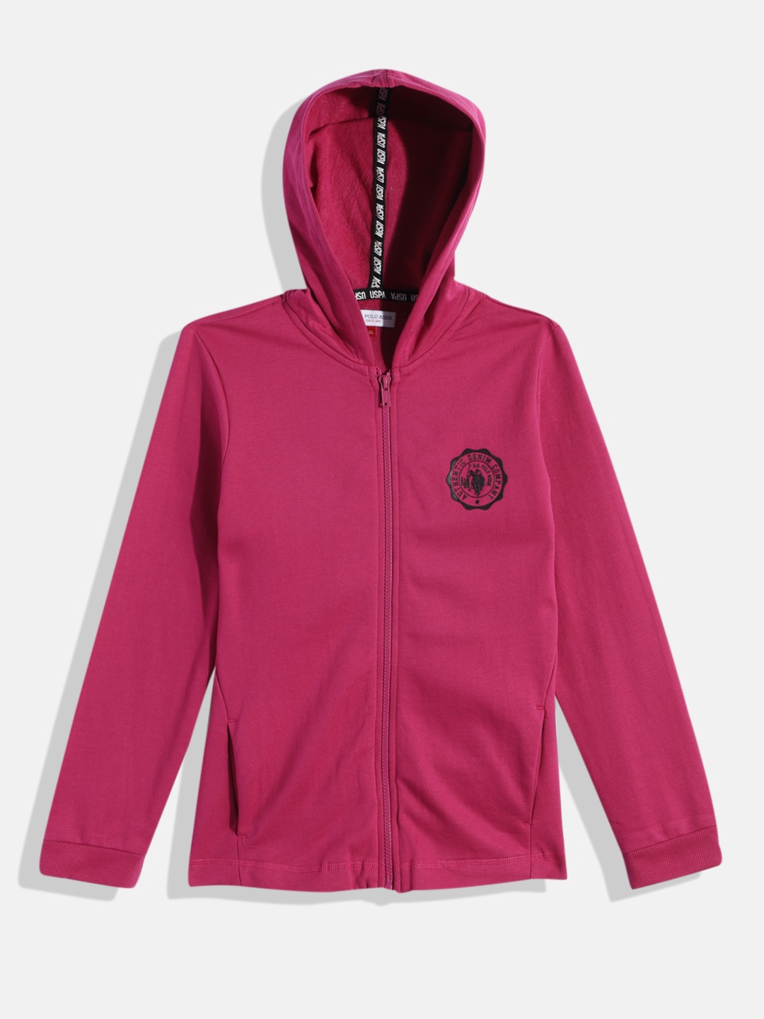 

U.S. Polo Assn. Kids Girls Magenta Pink Hooded Front-Open Sweatshirt With Brand Logo Print