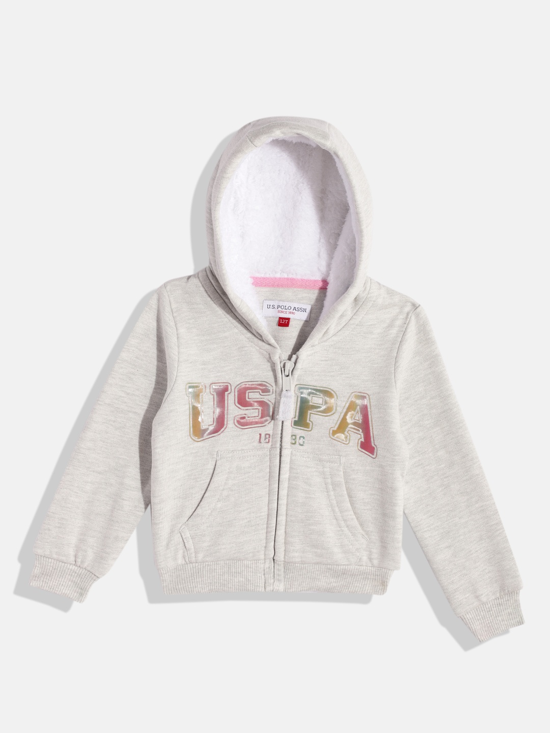 

U.S. Polo Assn. Kids Girls Grey Melange Brand Logo Printed Hooded Sweatshirt