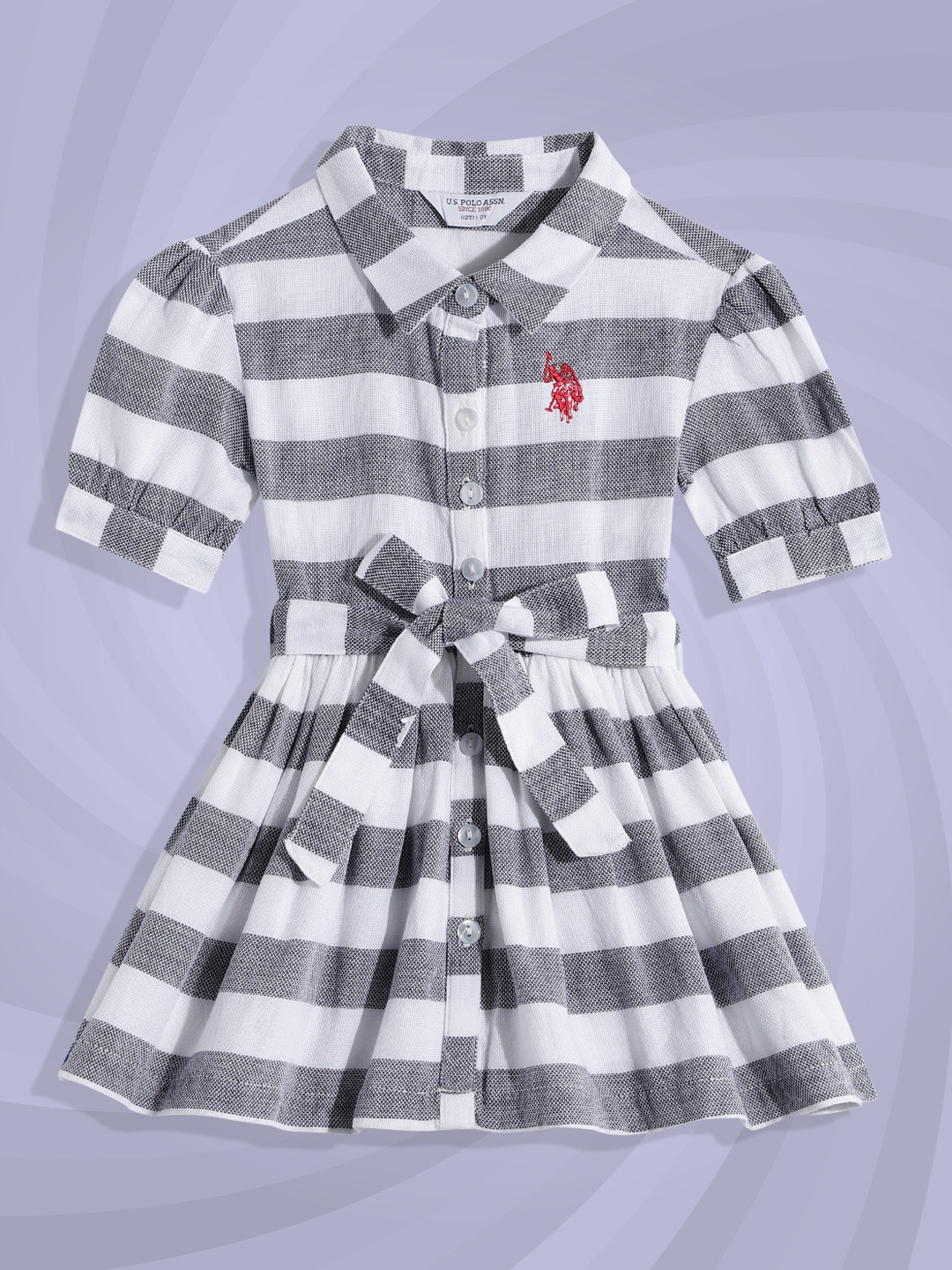 

U S Polo Assn Kids White & Grey Striped A-Line Dress