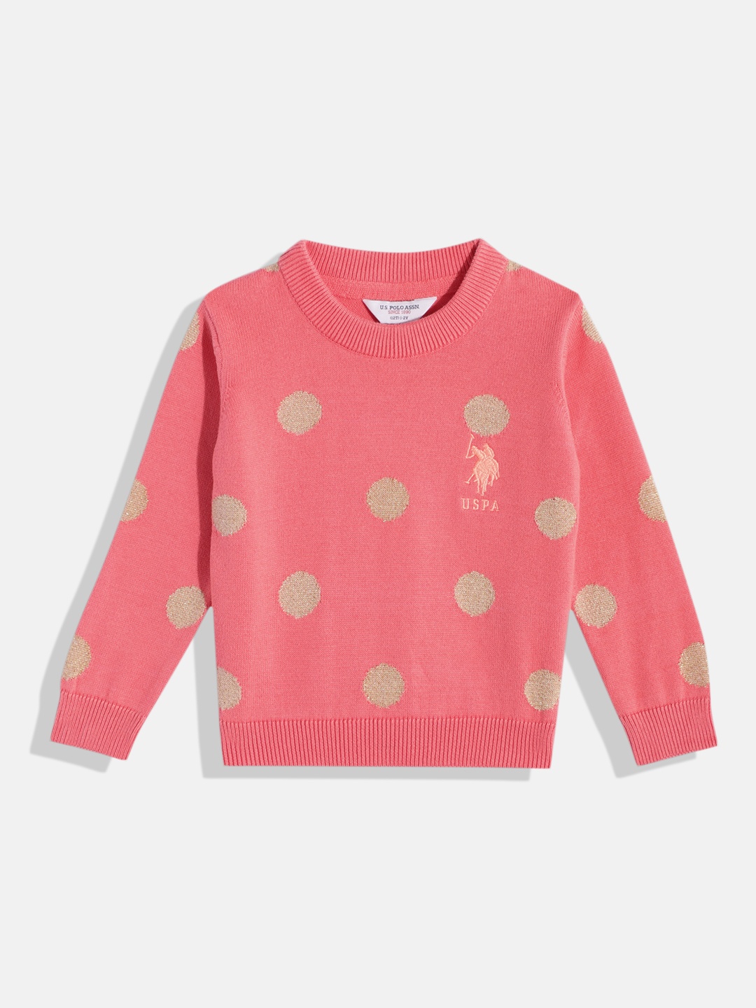 

U.S. Polo Assn. Kids Girls Coral Pink Polka Dots Printed Pure Cotton Pullover