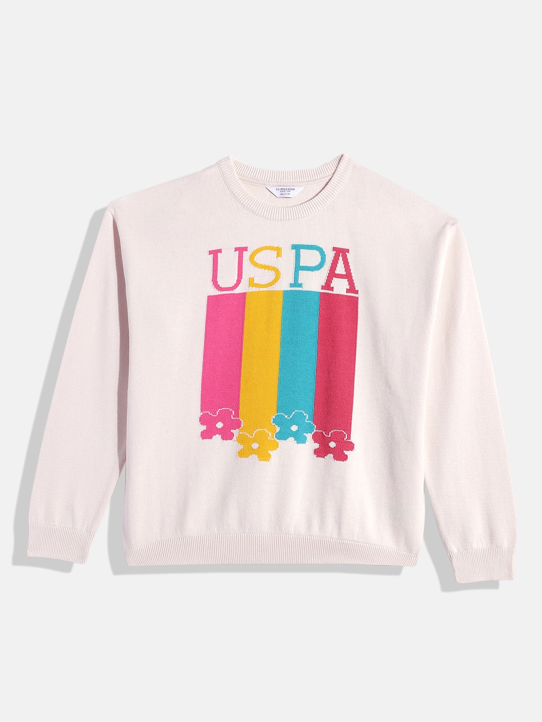 

U.S. Polo Assn. Kids Girls Off White Brand Logo Self Design Pure Cotton Pullover